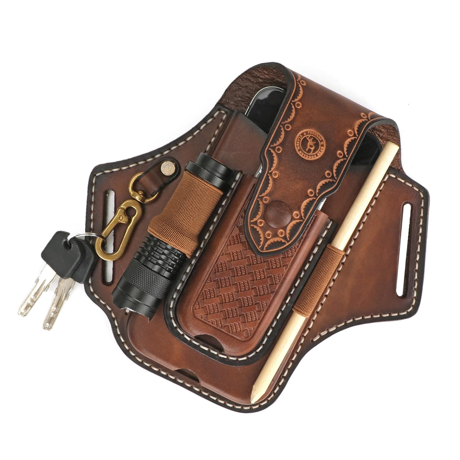 Leather Cell Phone Holster Pouch Belt Case Multitool Camp EDC Sheath-Brown