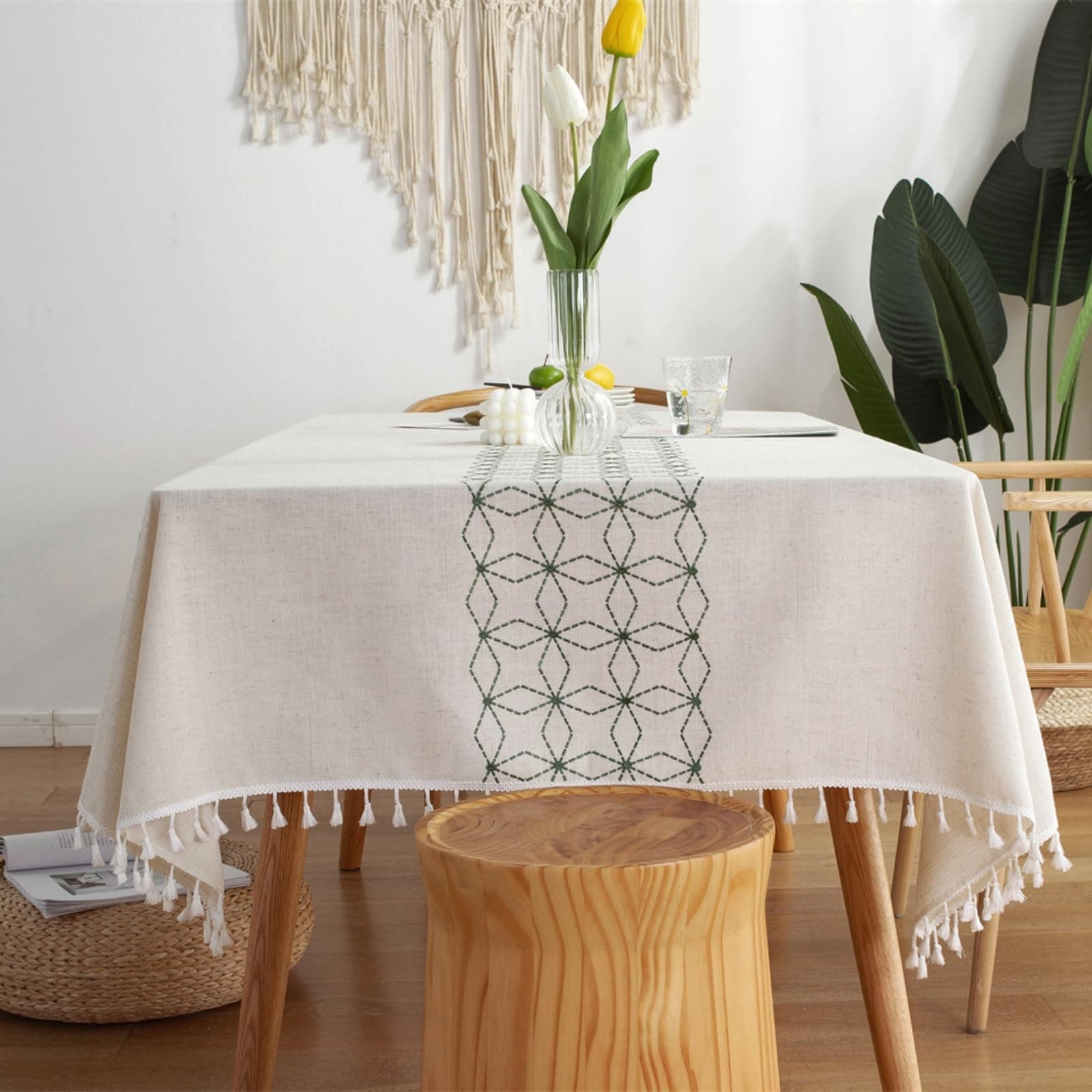Embroidery Rectangle Cotton Linen Tassel Tablecloth Heavy Weight Dust-Proof Table Cloth for Kitchen Dining Christmas Tabletop Decoration, Green, 55" x 70"
