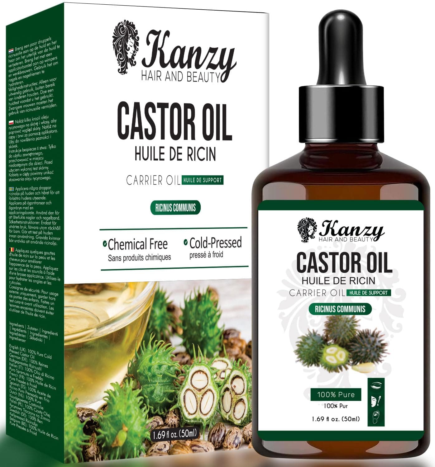 Kanzy Castor Oil Cold Pressed 50ml - Pure Castor Oil for Hair, Skin, Nails, Eyelashes & Eyebrows - Natural Oil with Applicator Brushes for Easy Use