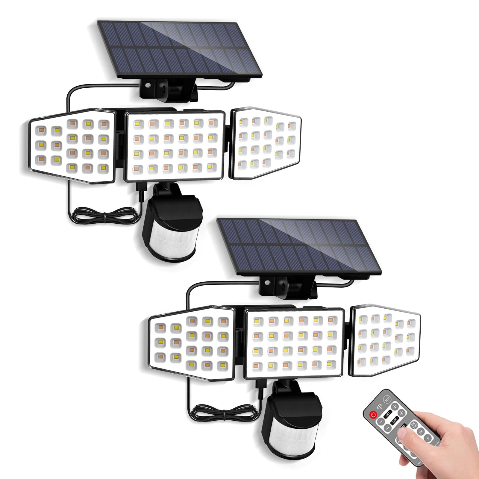 ALUSSO 2PCS Solar Lights Outdoor with Motion Sensor, 3000-6500K CCT Dimmable 3 Heads Security Light with Remote Control, IP54 Waterproof 3 Modes Flood Lights for Garden Yard Garage
