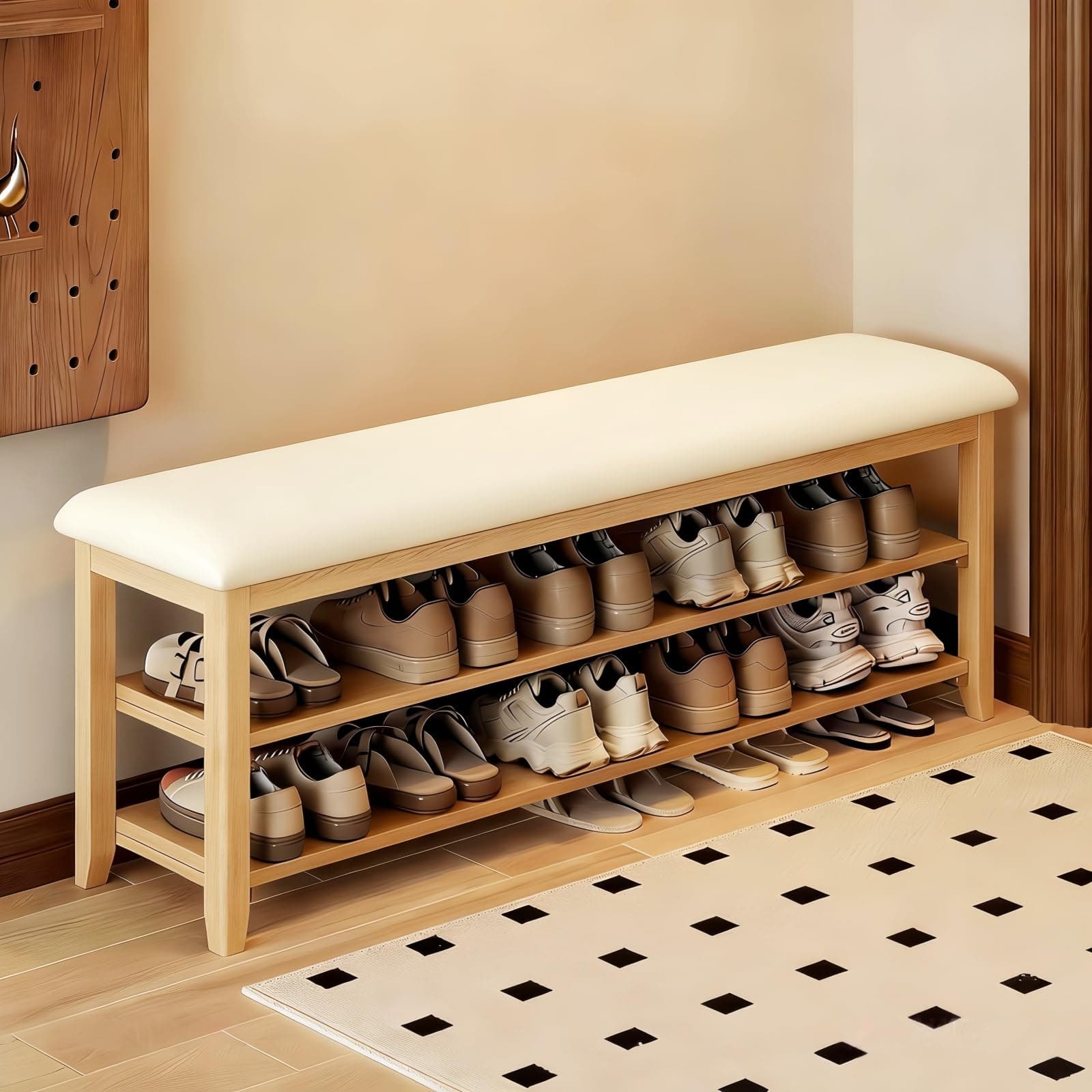 JAWGLOW Wooden Shoe Storage Bench with Leather Cushion, Natural, 47.2"
