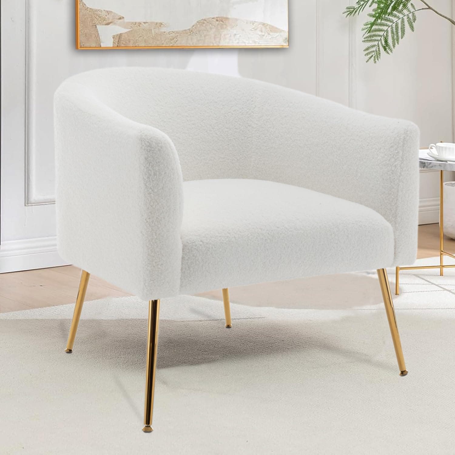 Modern Sherpa Accent Chair, Upholstered Cozy Barrel Chair with Gold Metal Legs, Boucle Fabric Armchair for Living Room Bedroom Office (White)
