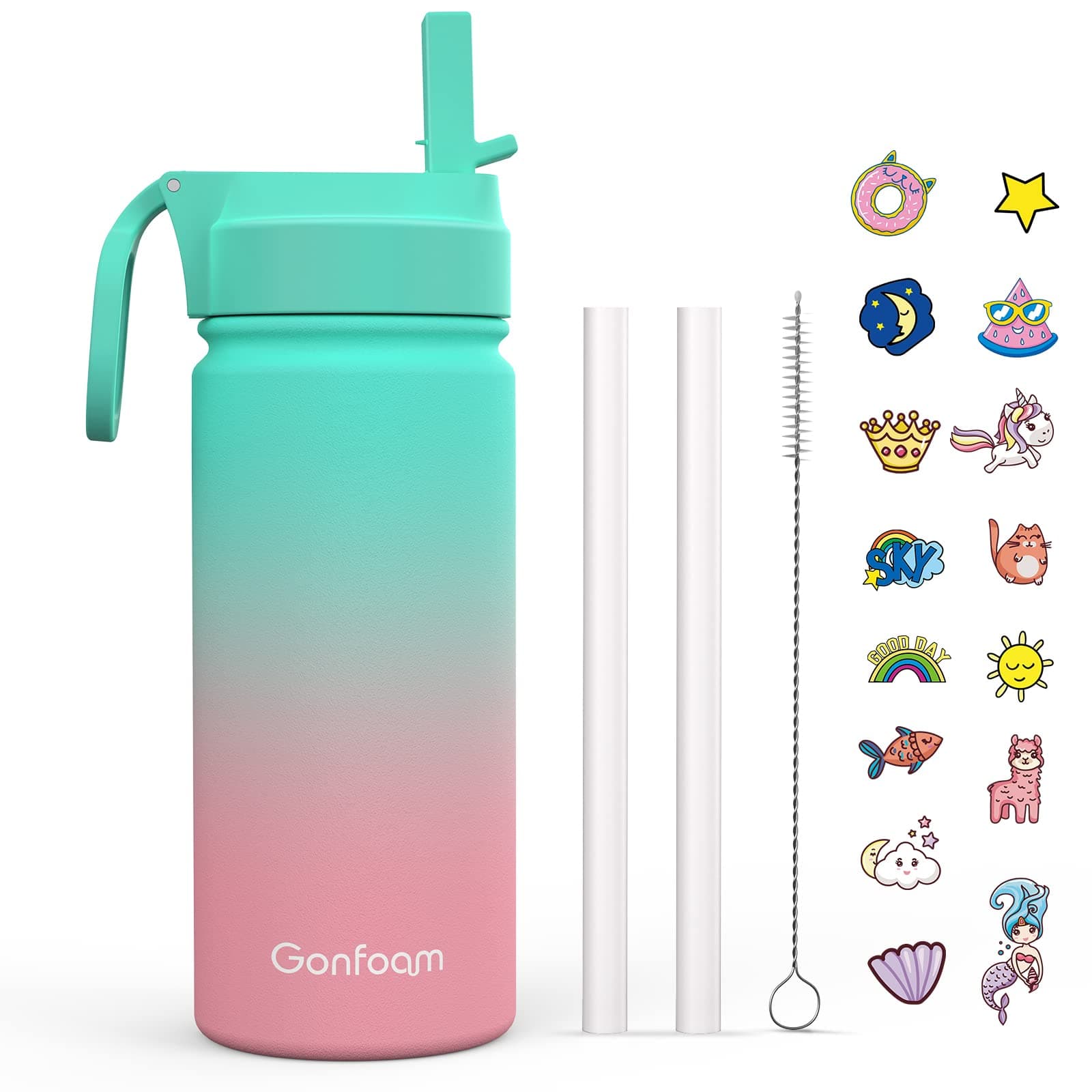 Gonfoam Kids Water Bottle With Straw and Stickers Green 16oz