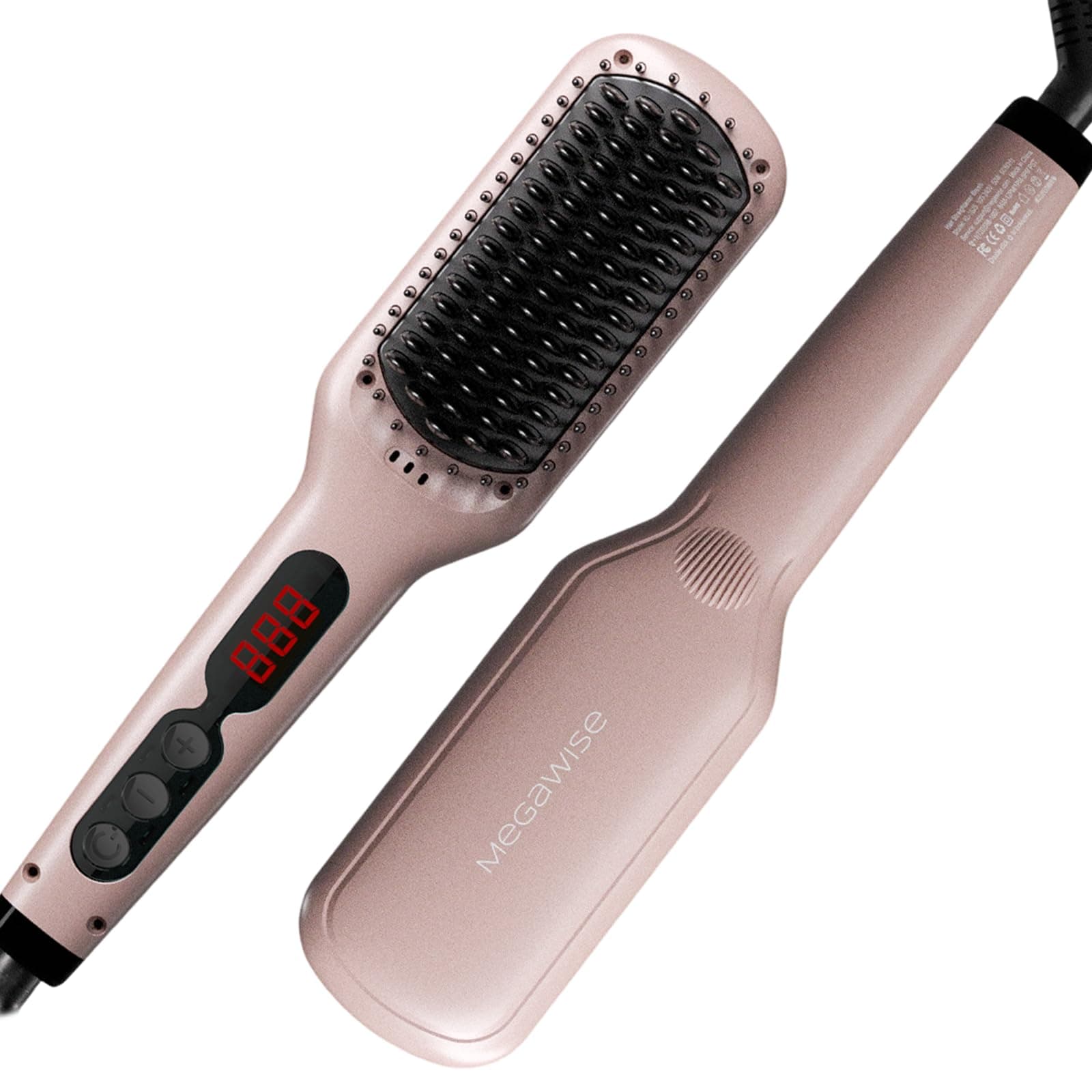 MEGAWISE Hair Straightener Brush, Heated Straightening Brush with MCH Heating, LED Temp Control, Anti-Scald Comb Teeth, Auto Lock, 60-Min Auto Off, Dual Voltage, for Frizzy, Wavy & Thick Hair, Daily Styling & Travel ,Pink