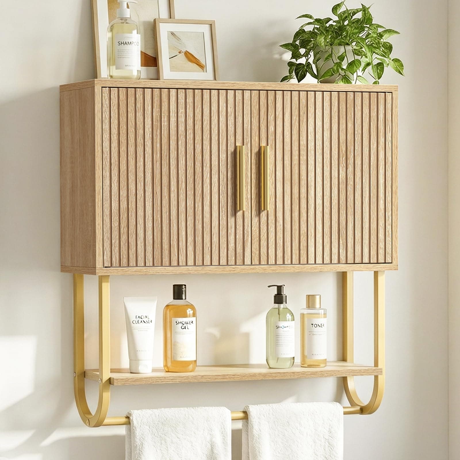 Bathroom Wall Cabinet with Fluted Doors - Over The Toilet Storage 60x18x60 cm, Modern Medicine Cabinet with Shelves & Towel Bar for Bathroom Organizer