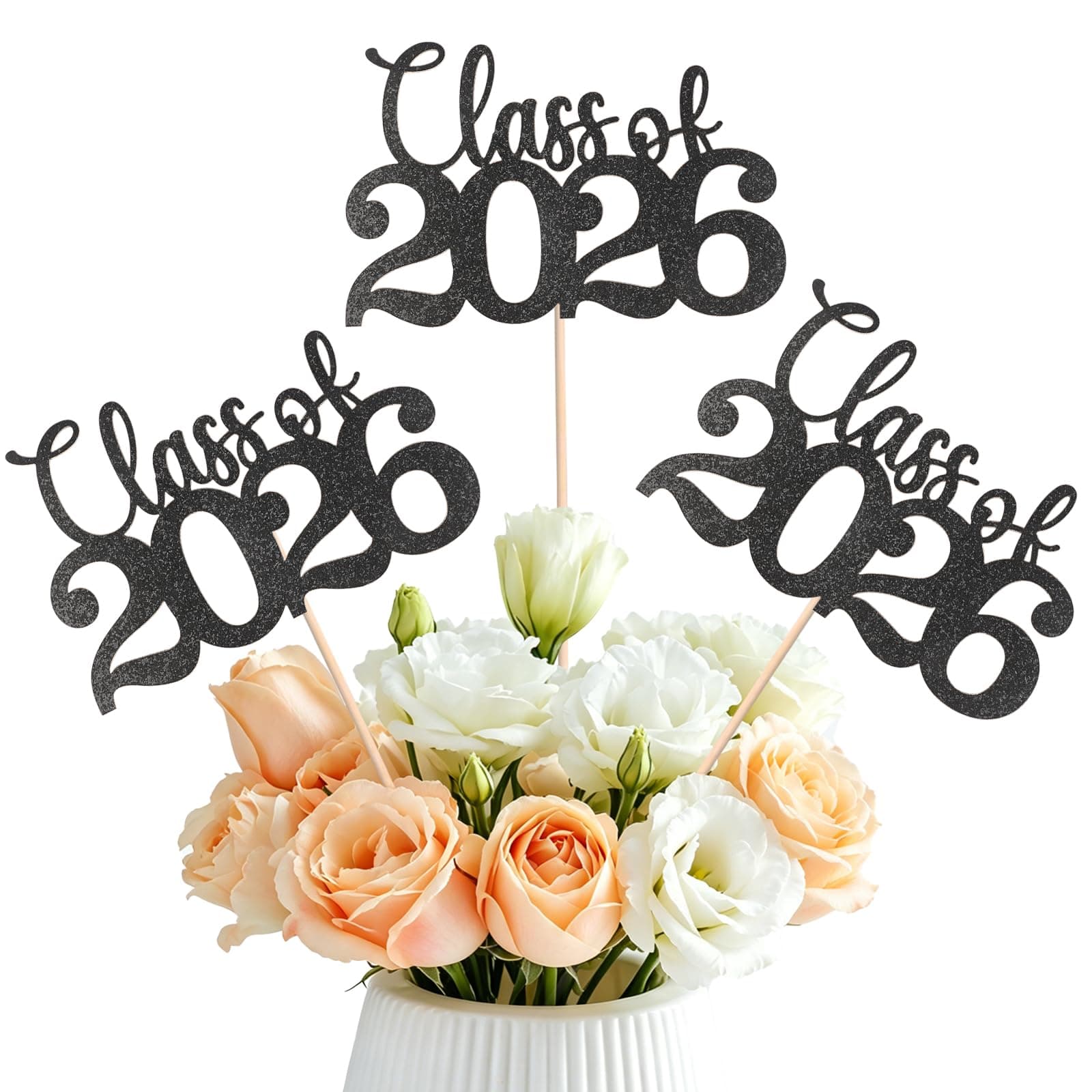Graduation Centerpieces for Tables, 24 PCS Black Double-Sided Glitter Class of 2026 Graduation Decorations with Sticks, Grad Party Decorations