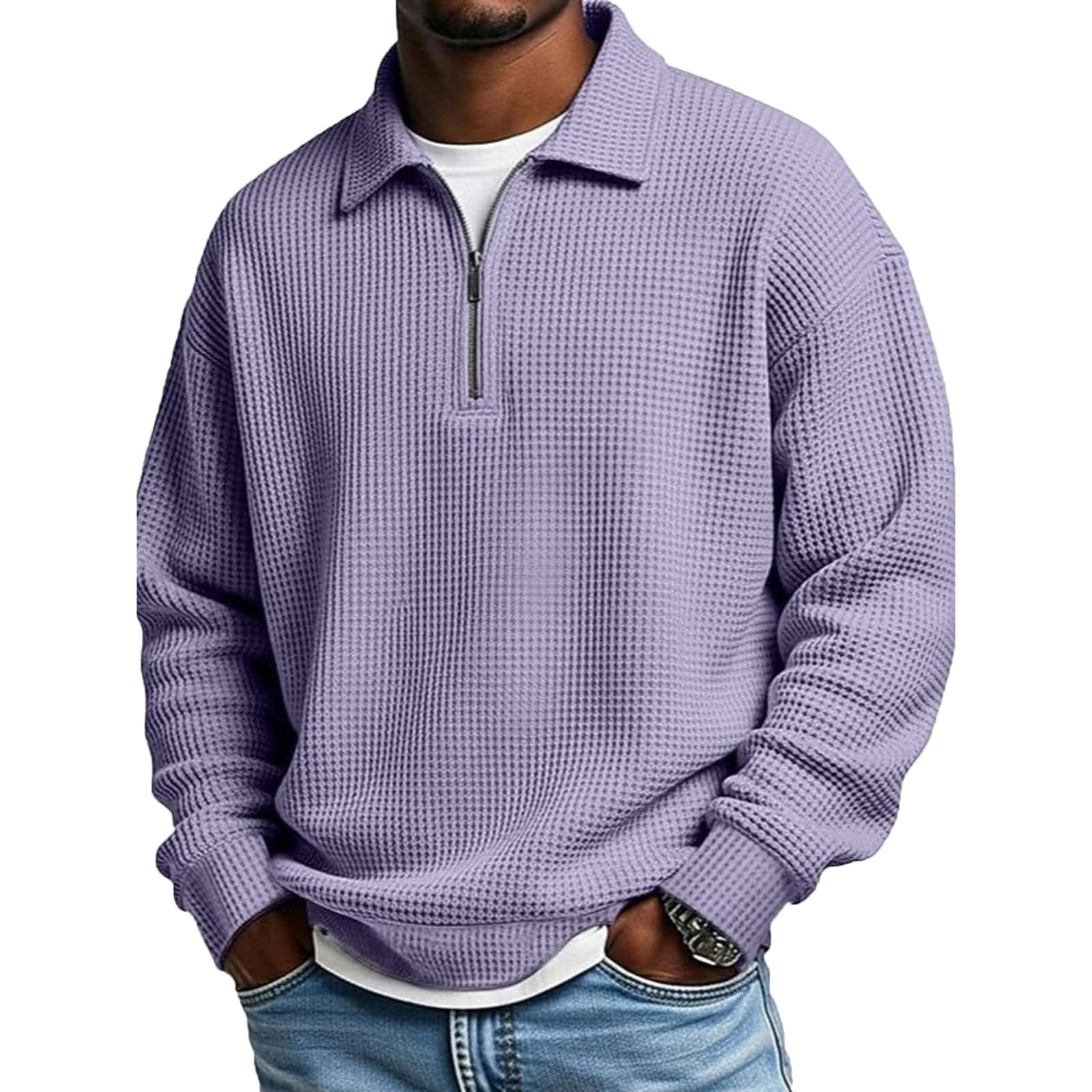 Men's Clothing Mens Quarter Zip Sweater Waffle Knit Casual Pullover Sweaters Mock Neck Polo Sweatshirts X-Large 01-Purple