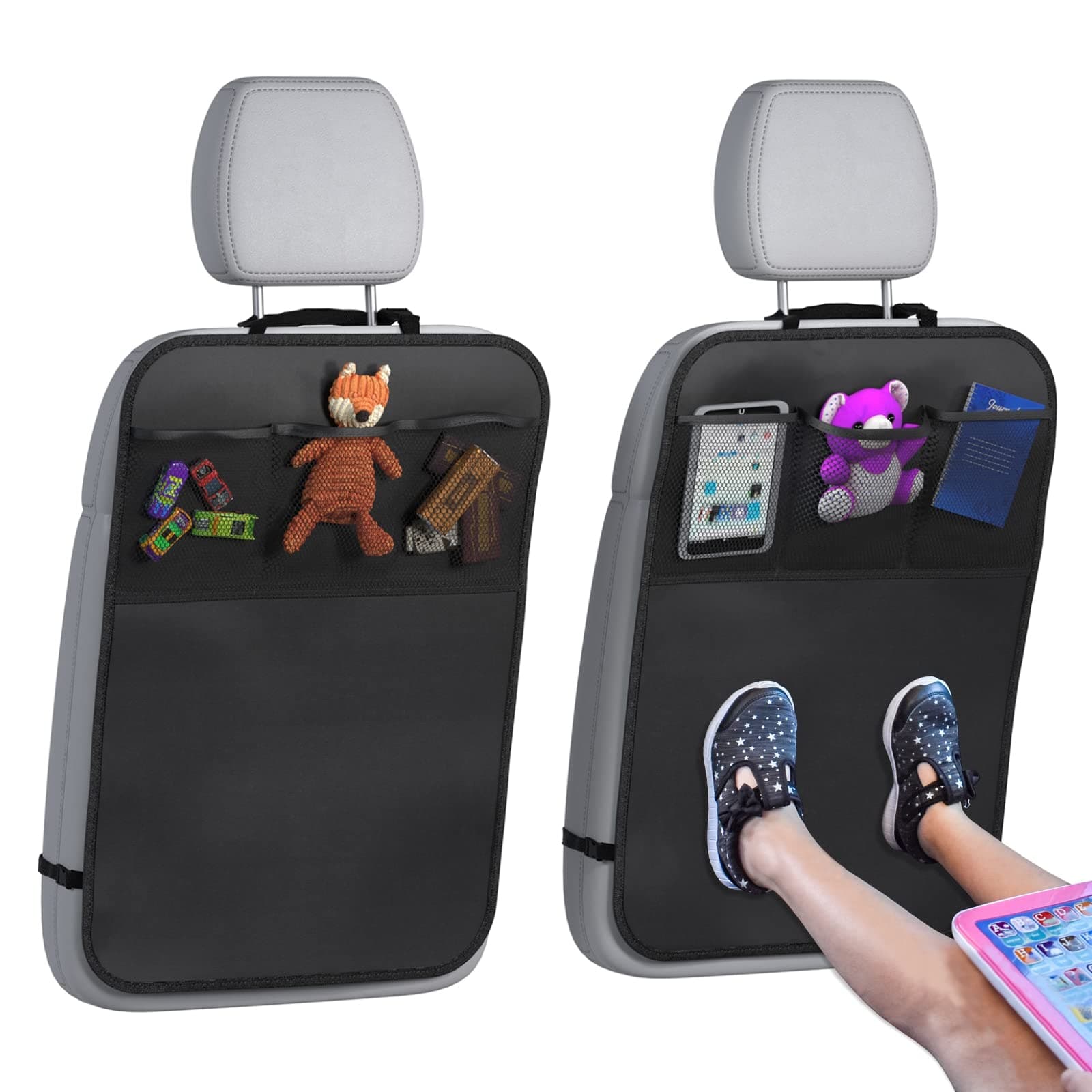 Lebogner Kick Mat Auto Seat Back Protectors + 3 Organizer Pockets, 2 Pack Waterproof Fabric Seat Cover For The Back Of Your Seat, X-Large Car Back Seat Protectors, Backseat Child Kick Guard Seat Saver