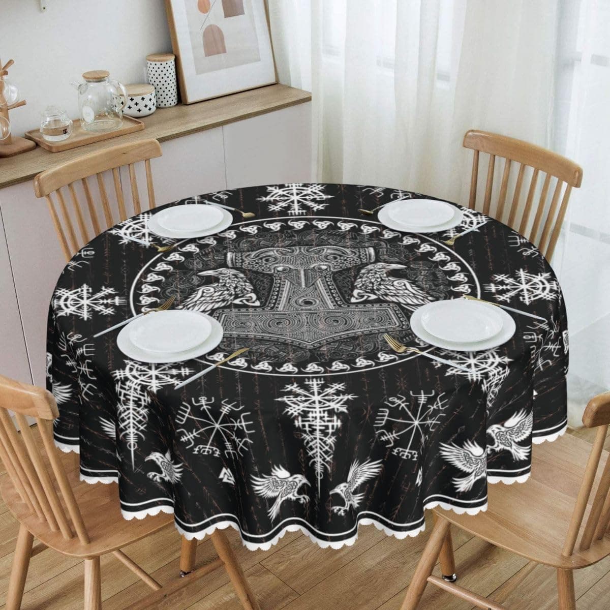 Norse Viking Tablecloth, Nordic Mythology Crow Helmet of Awe Ancient Mythical Viking Raven Print Water Resisitant Table Cover for Dining Kitchen Living Room Home Party Holiday Decor 36 inch Round