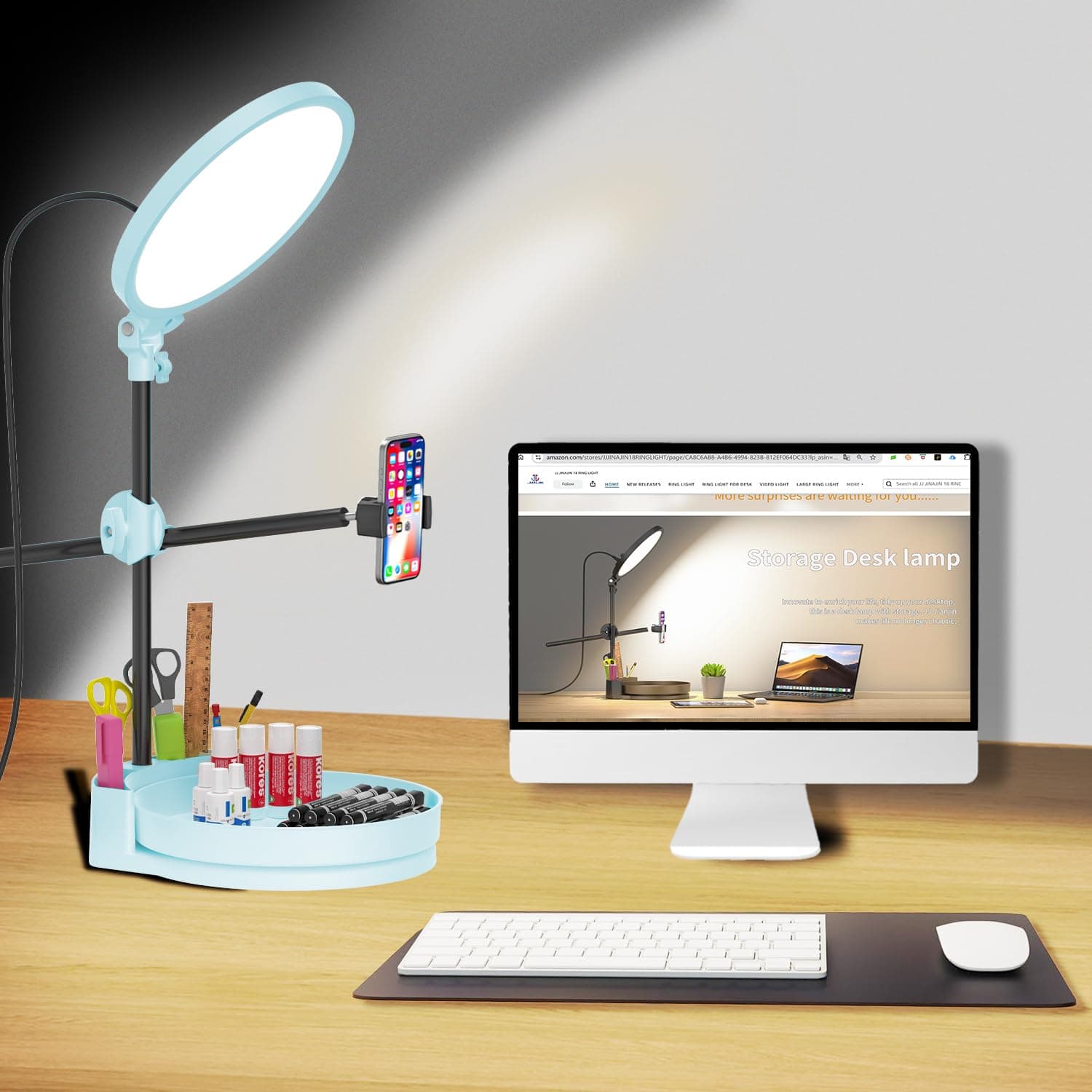 Selfie Light Kit for Desk and Laptop, 55W Dimmable Ring Light, with Rotating Storage Box, Pen Holder, Phone Holder and Controller (Pink-1, 10.5)