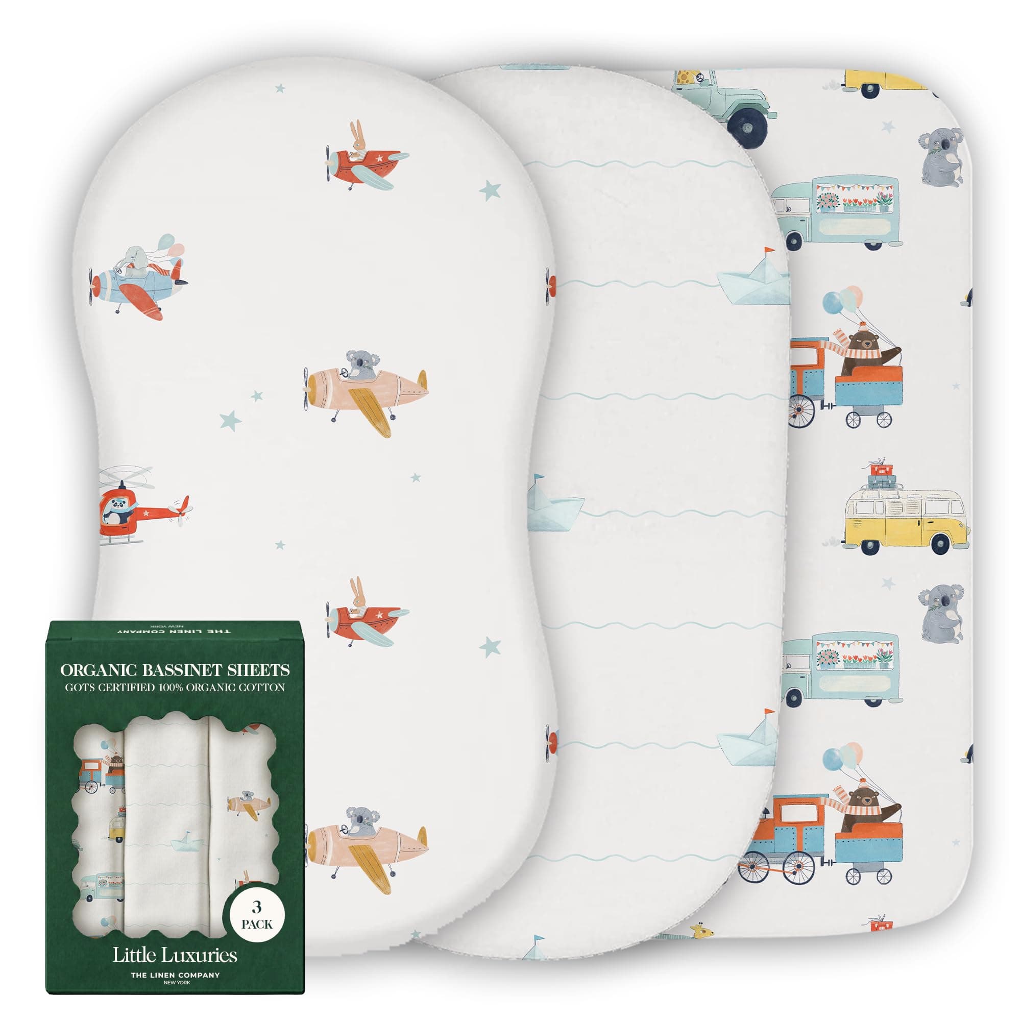 100% Organic Cotton Bassinet Sheets, 30" x 18", Tiny Explorers, 3-Pack