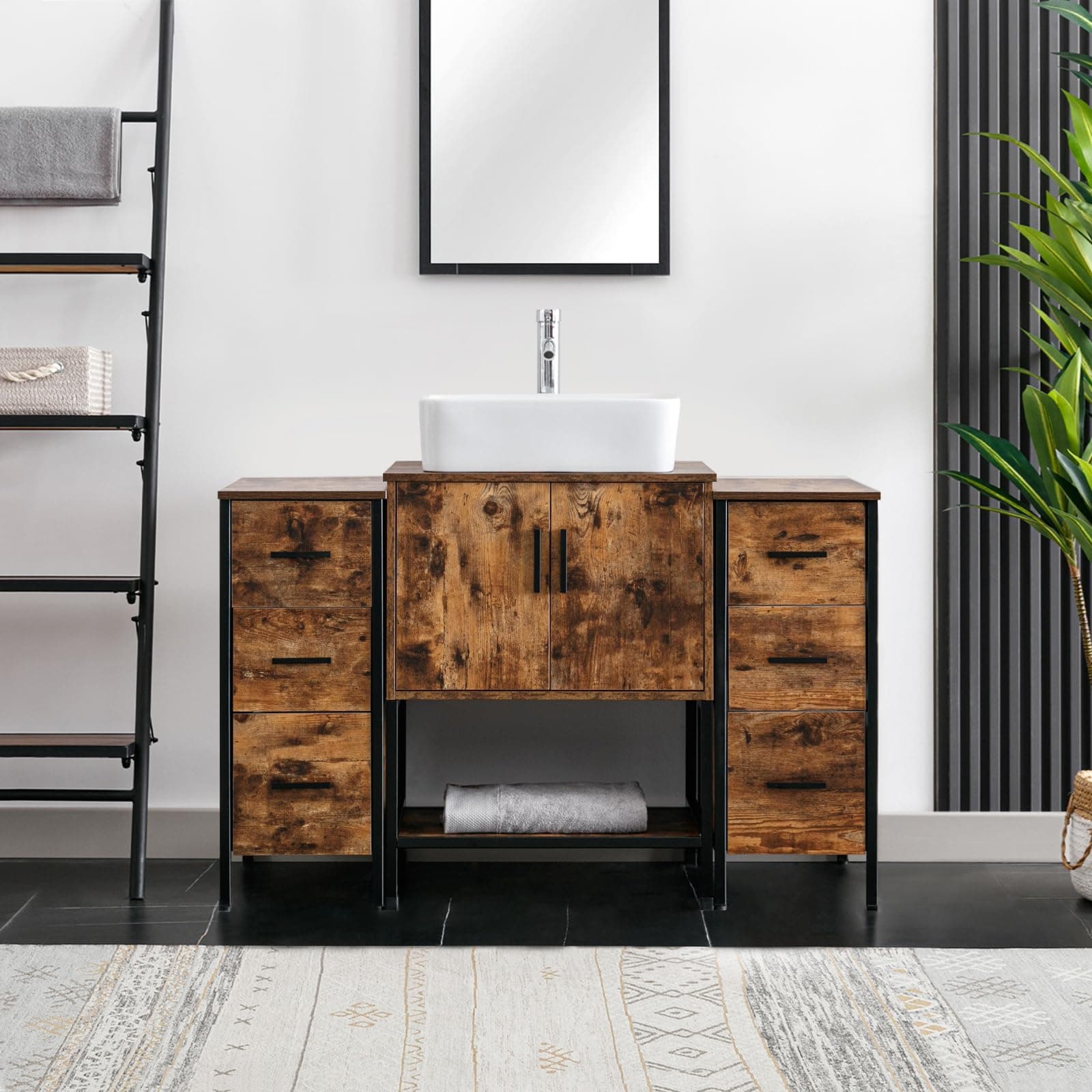 eclife 48" Bathroom Vanity Sink Combo Modern Metal Stand Cabinet W/Bottom Shelf & Storage Side Cabinets White Rectangle Vessel Sink & Water Save Faucet & Pop Up Drain, Rustic Brown (T03)