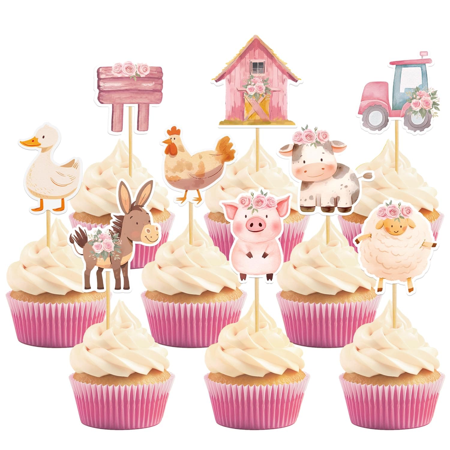 36 Pcs Farm Animals Cupcake Toppers, Barnyard Animals Cake Pick for Farm Theme Baby Shower and Birthday Party Supplies (Pink)