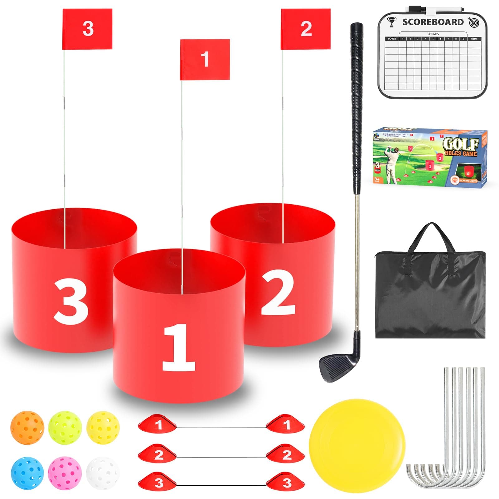 Golf Game Set with 3 Buckets, Golf Practice Bucket Set with Flags, Funny Game with Flying Disc, Scoreboard and Balls, Golfs Set Outdoor Games for Backyard, Lawn, Park or Beach (with 1 Golf Club)