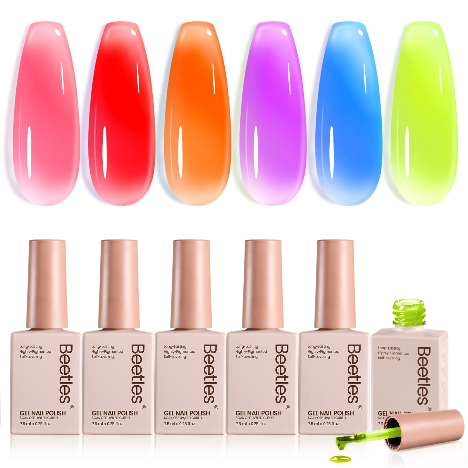 Beetles Jelly Gel Nail Polish Set, 6 Colors Neon Gel Polish Kit