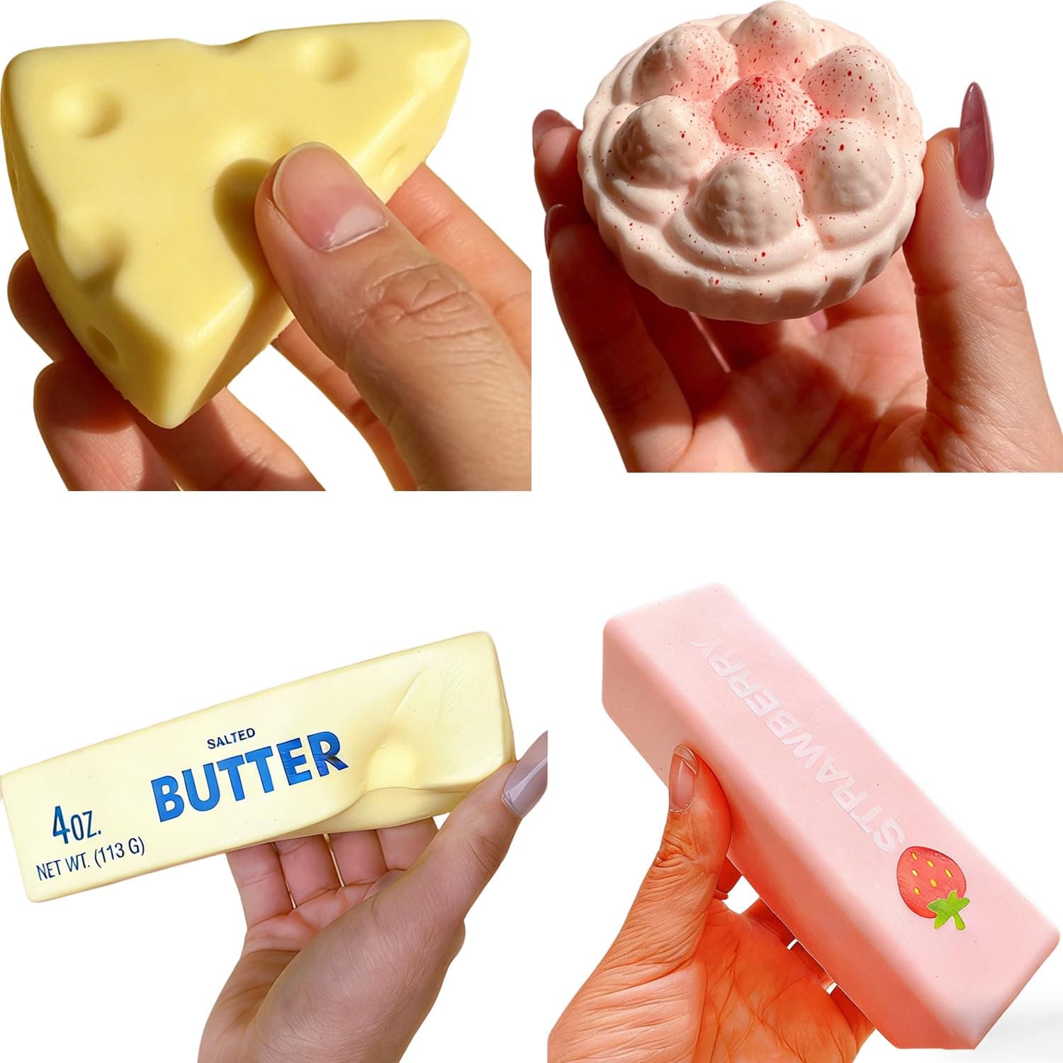 4 Pack Slow Rising Squishy Toys for Kids Party Favors,Cheese Squishy Fidget Toy Butter Silicone Squeeze Toys,Birthday Decorations for Kids, Stress Relief Toys for Boys Girls (4 Slow Rebound)