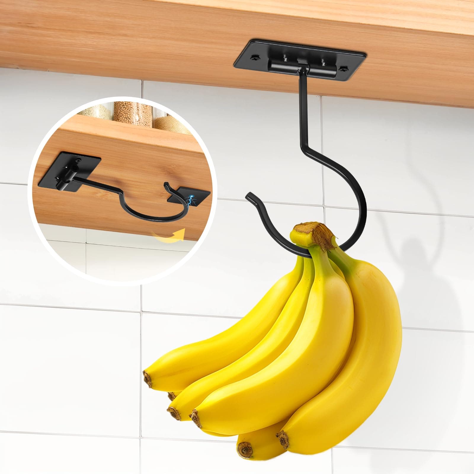 Self Adhesive Banana Hook Under Cabinet Foldable Banana Hanger Metal Under Counter Banana Holder for Kitchen RV Space Saving Keep Bananas Fresh, Black