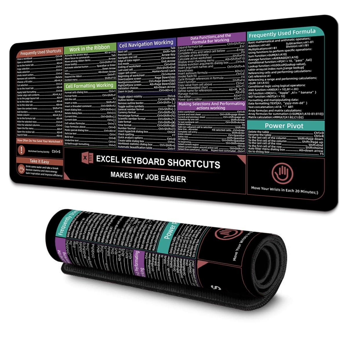 Boaulee Excel Shortcut Keys Mouse Pad - Extended Large XXL Cheat Sheet Gaming Mousepad | 35.4”x11.8” PC Office Spreadsheet Keyboard Mat | Non-Slip Stitched Edge-ts1073