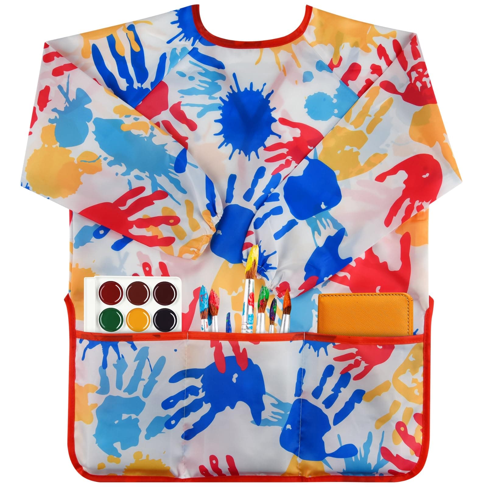 BOUBONI Kids Art Smock Toddler for Girls Boys ages 3-8 with Long Sleeve and 3 Pockets for Painting Activity Kitchen Crafts(Palm-Red)