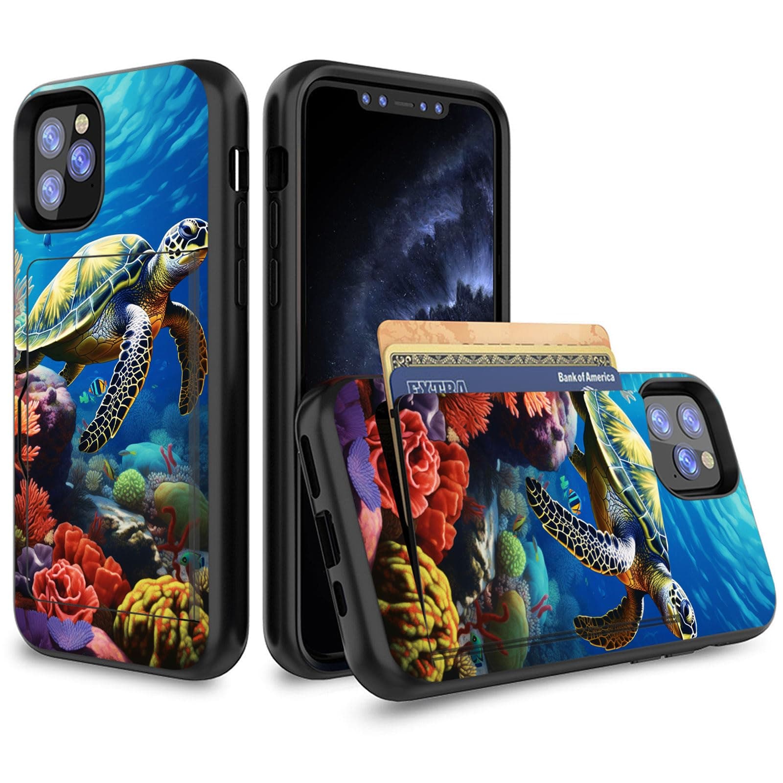 GFEWYTJYJ for iPhone 14 Case/iPhone 13 Case with Card Holder,Shockproof Armor Silicone Hybrid Rugged Protective Wallet Cover Case for iPhone 13/14 6.1 inch,Sea Turtle in The Ocean