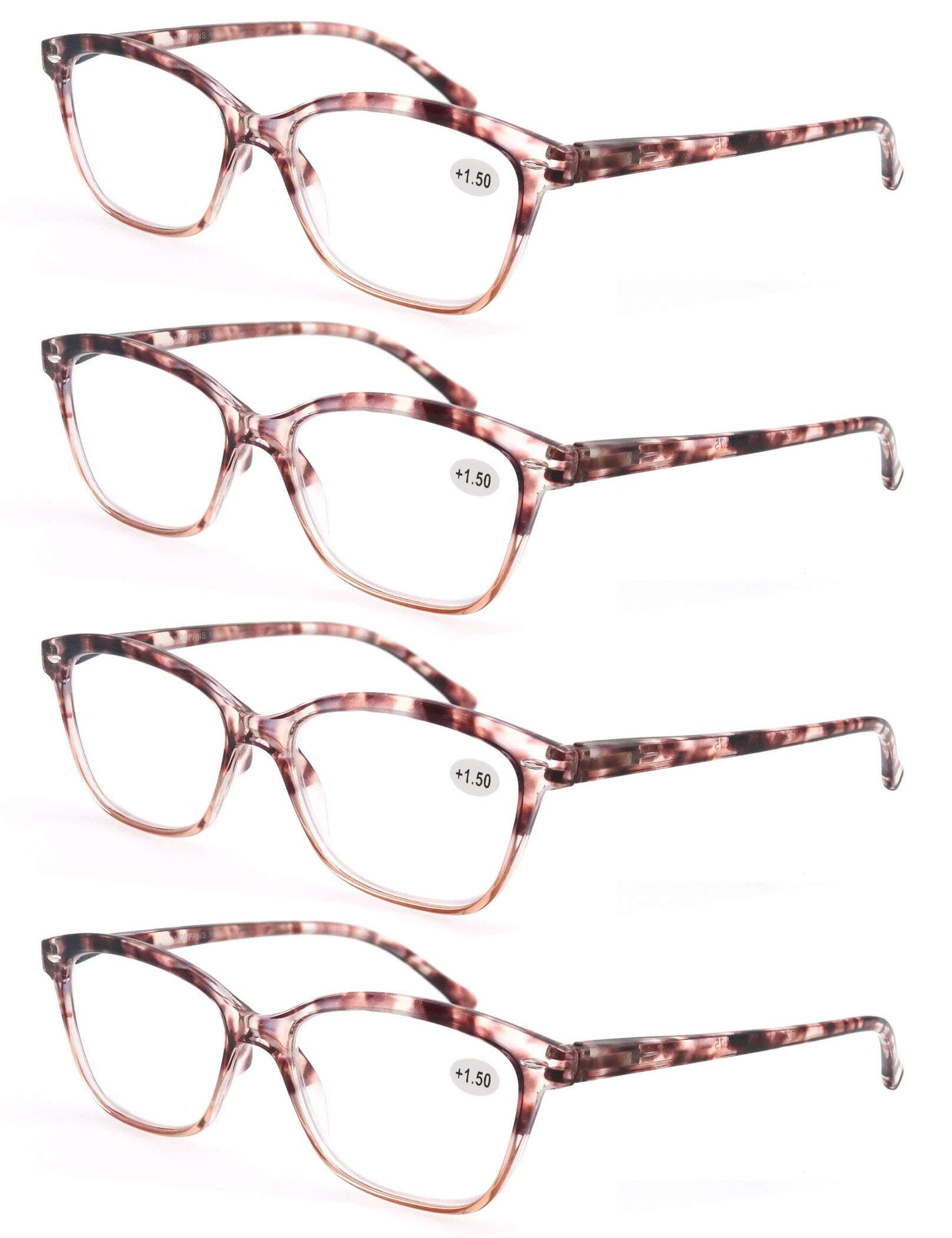 Women Reading Glasses 1.25 Brown Demi Cateye Ladies Readers with Comfort Spring Hinge Pattern Design Pouch Included 4 Pack