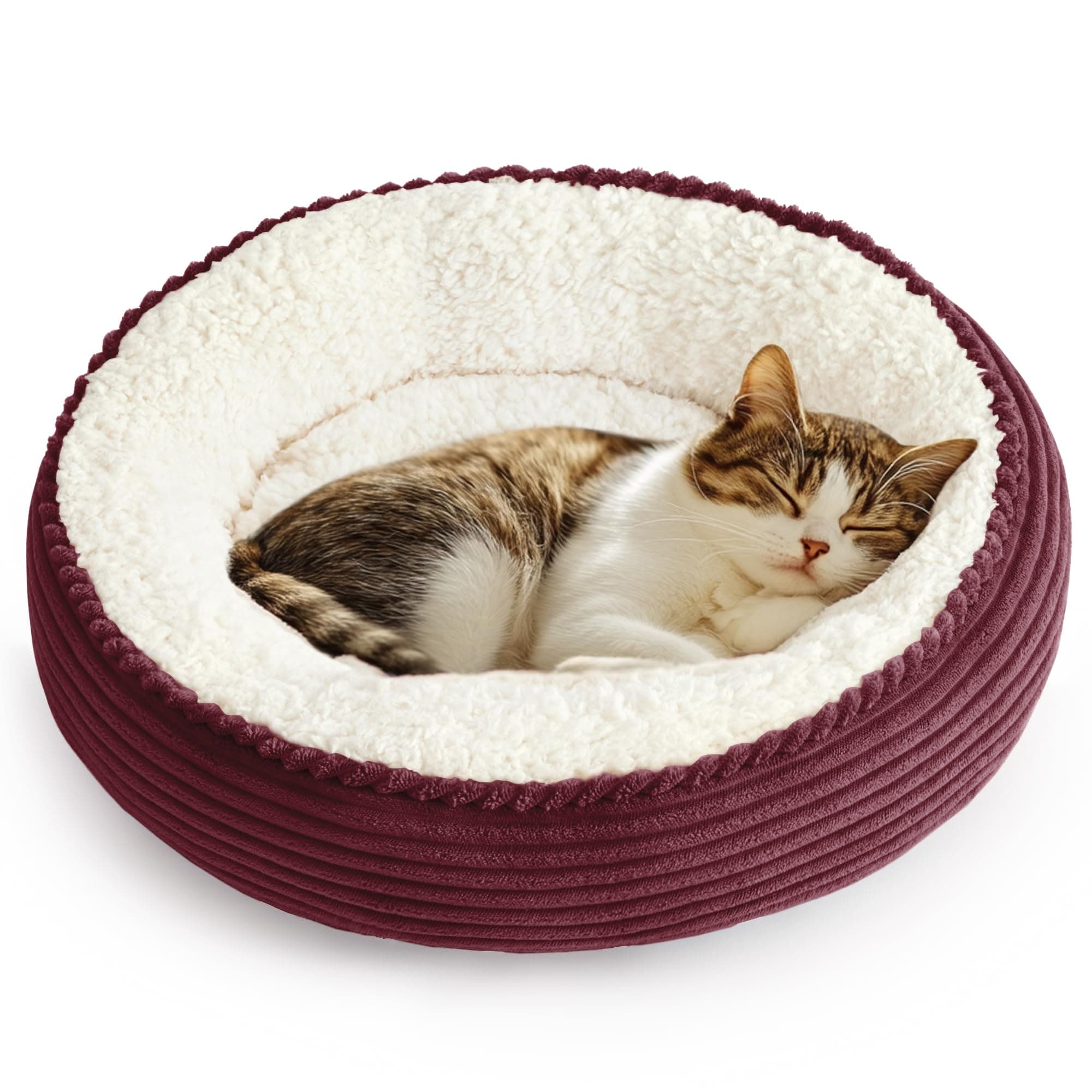 Love's cabin Round Donut Cat and Dog Cushion Bed, 20in Pet Bed for Cats or Small Dogs, Anti-Slip & Water-Resistant Bottom, Super Soft Durable Fabric Pet beds, Washable Luxury Bed Burgundy Stripe