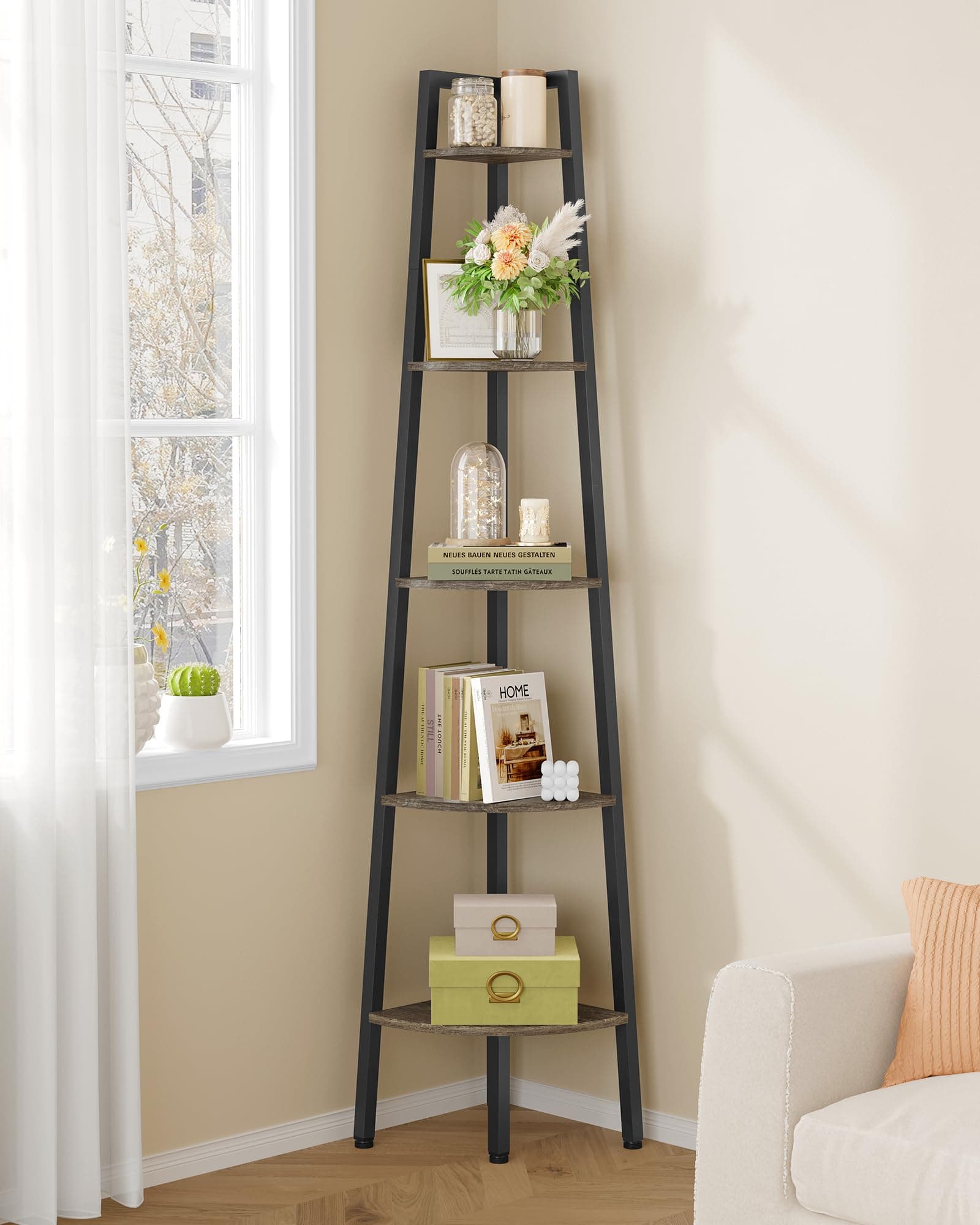 Hoctieon Corner Shelf, 5-Tier Corner Bookshelf, Rustic Ladder Shelf, Industrial Display Stand for Living Room, Kitchen, Home Office, Balcony, Small Space, Metal Frame, Grey