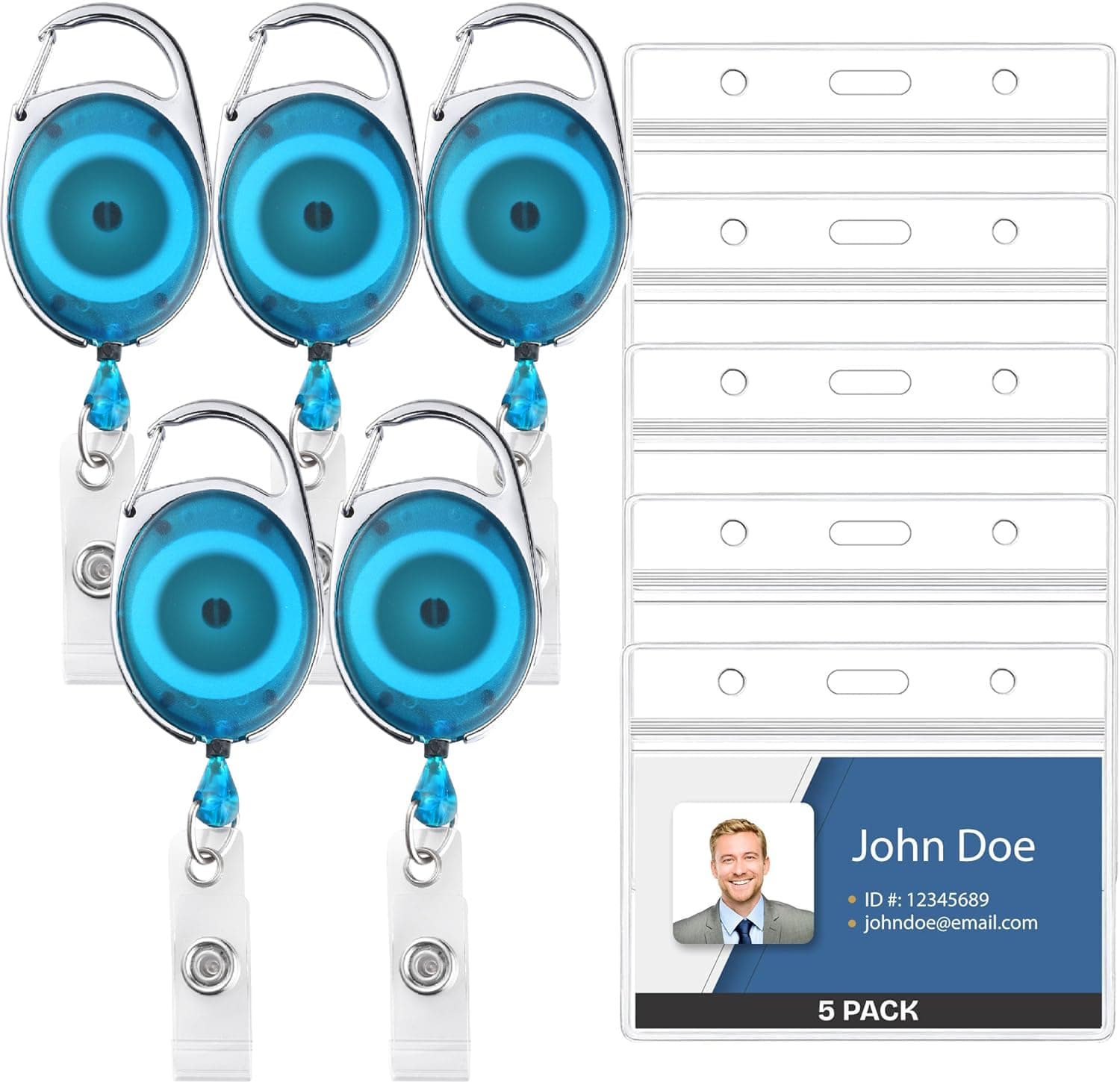 Will Well ID Badge Holder Retractable 5 Pack - Horizontal - Light Blue
