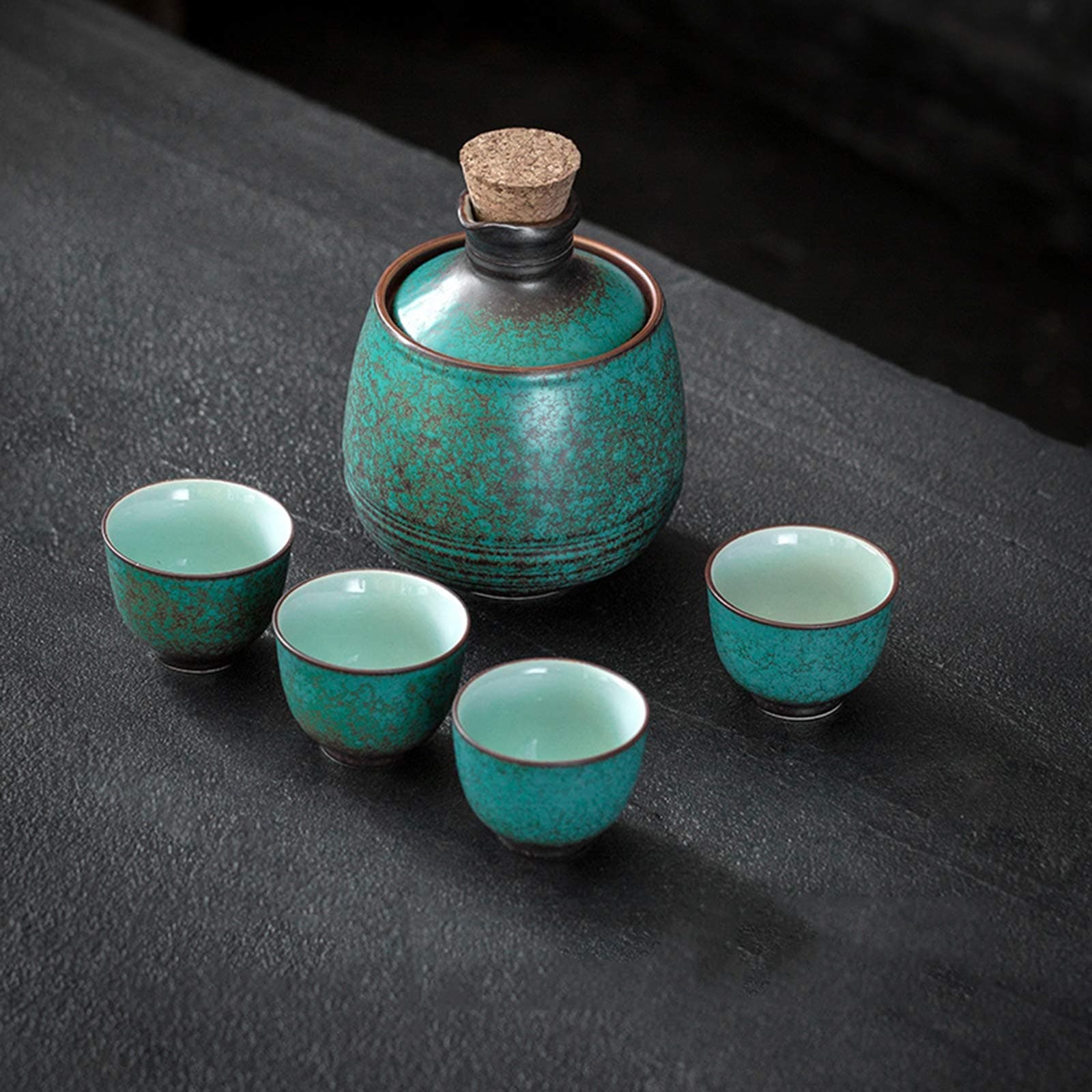 Ceramic Sake Set, Including a Warmer, 4 Sake Cups, a Sake Pot, and a Warming Bowl, 4-Piece Set, A-6 Piece Set.,A-6pcs