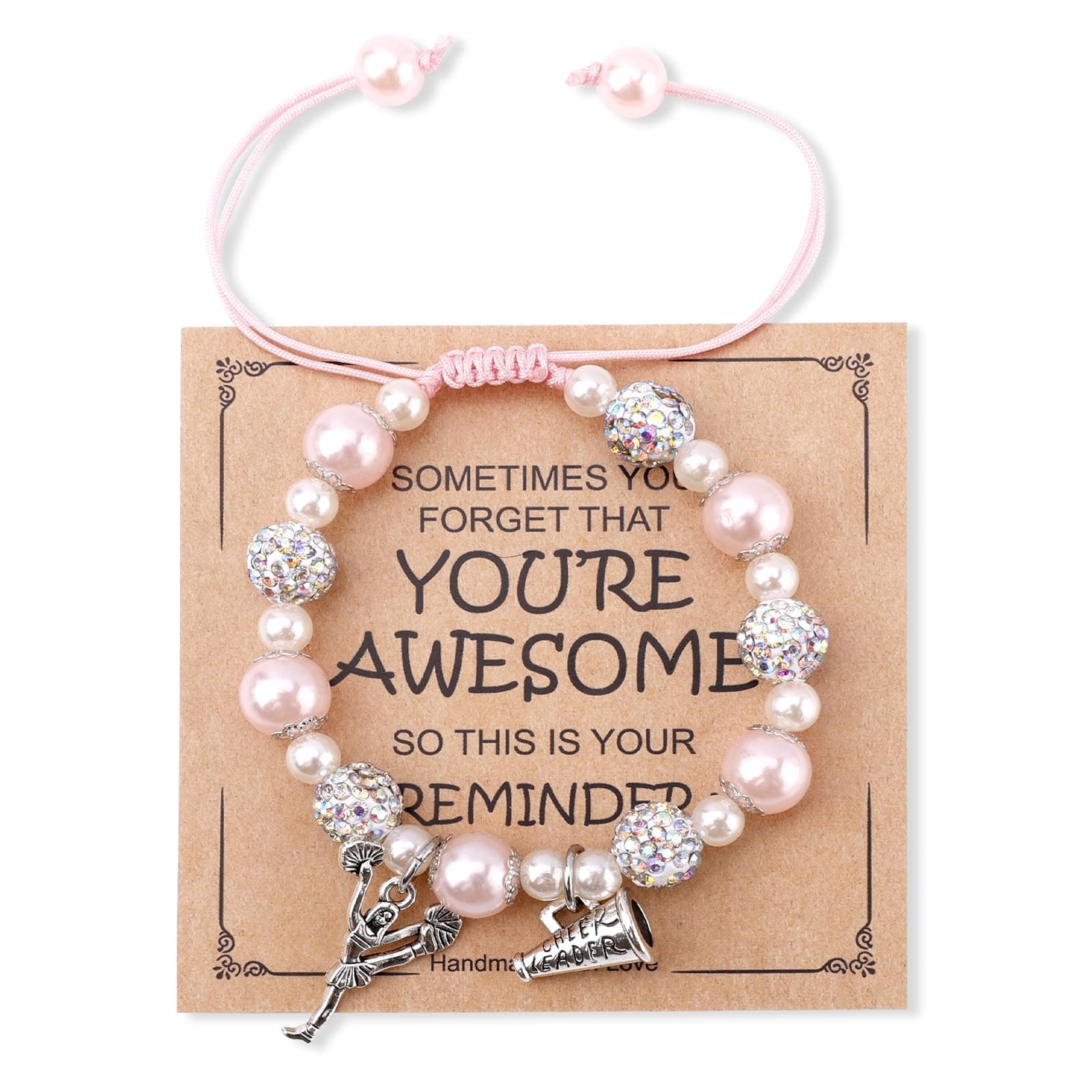 Pulsera de Animadoras con Tarjeta de Ánimo, Positiva Pulsera con Dijes de Cuentas para Animadoras con Cuentas de Diamantes de Imitación Regalos de Joyería para el Equipo de Animadoras