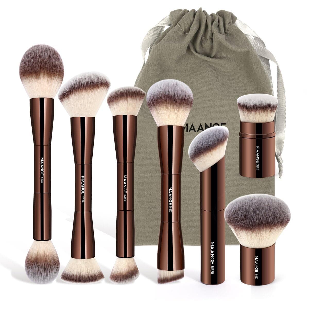 MAANGE 7pcs Makeup Brush Set Double Sided Kabuki Makeup Brushes Contour Brush for Foundation Liquid Powder Concealer Cream Cosmetics Bronzer Blending Blush Buffing Makeup Tools (Coffee)