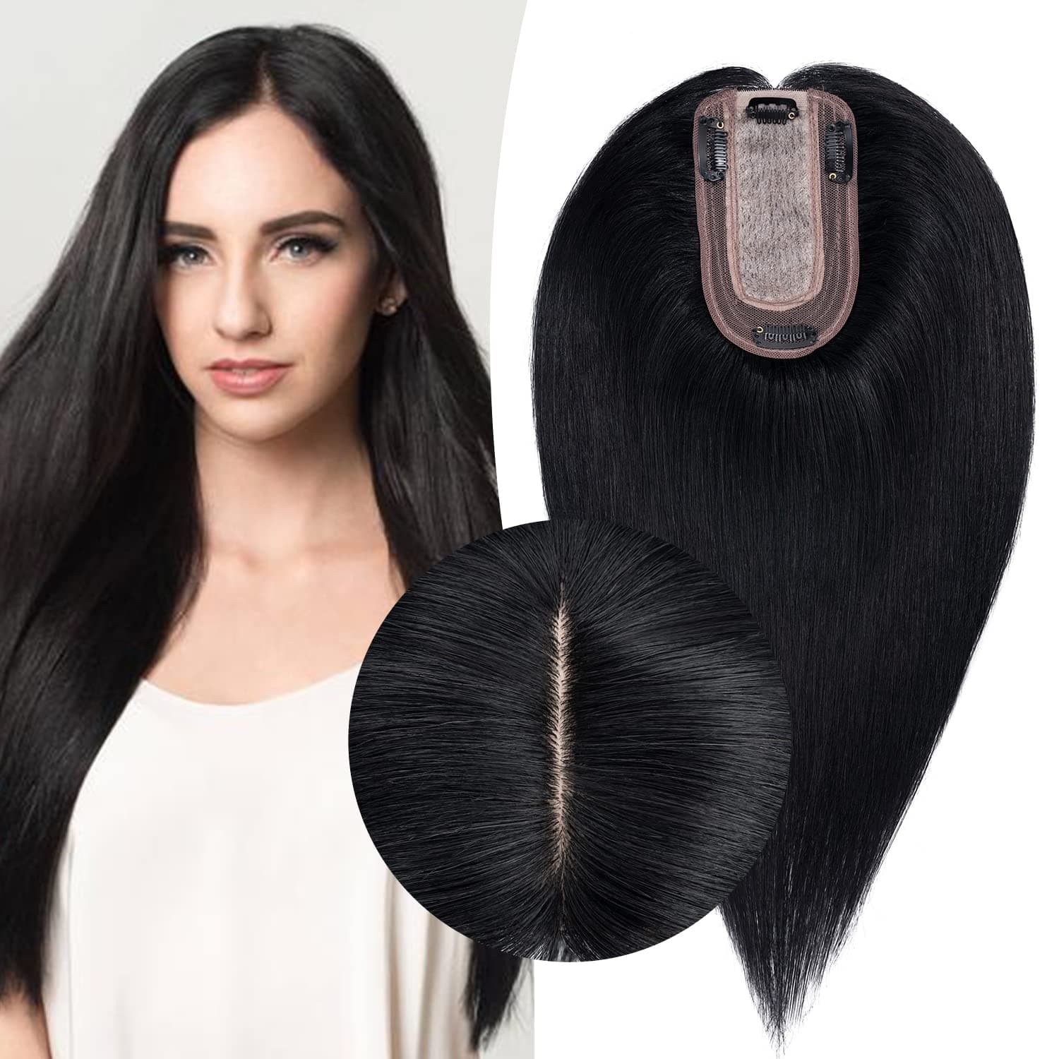 Hairro Clip in Hair Topper Human Hair 13 * 7cm Silk Base Hairpiece for Women 150% Density 100% Real Remy Human Hair Toppers for Thinning Hair Cover Hair Loss (6 inch, Jet Black)