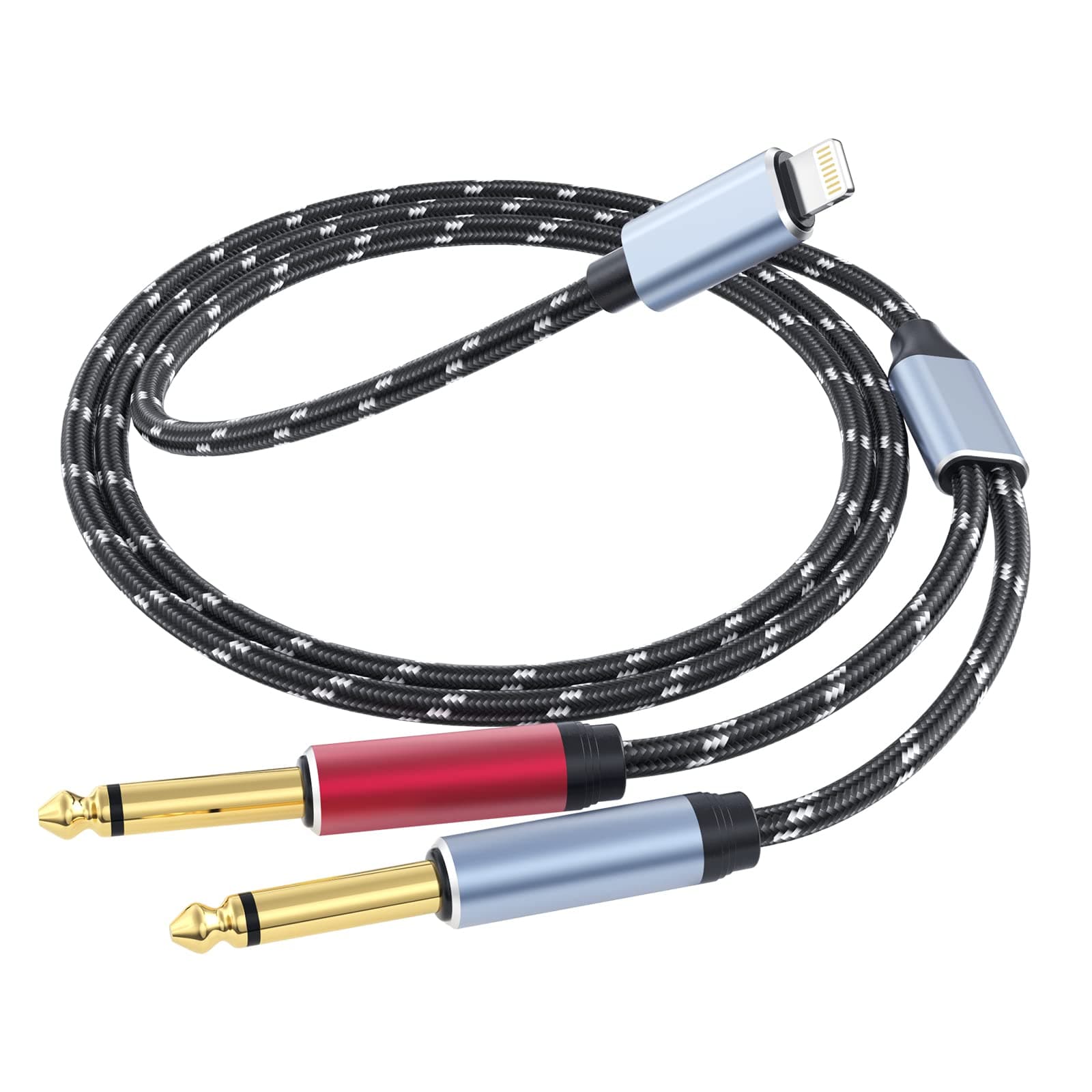 Lightning to Dual 6.35mm 1/4" TS Mono Stereo Y-Cable Splitter Lightning to Dual 1/4 inch Audio Cable Compatible for iPhone12/11/X/XS/XR/8/7/iPad,Amplifier, Speaker, Headphone, Mixing Console 15FT