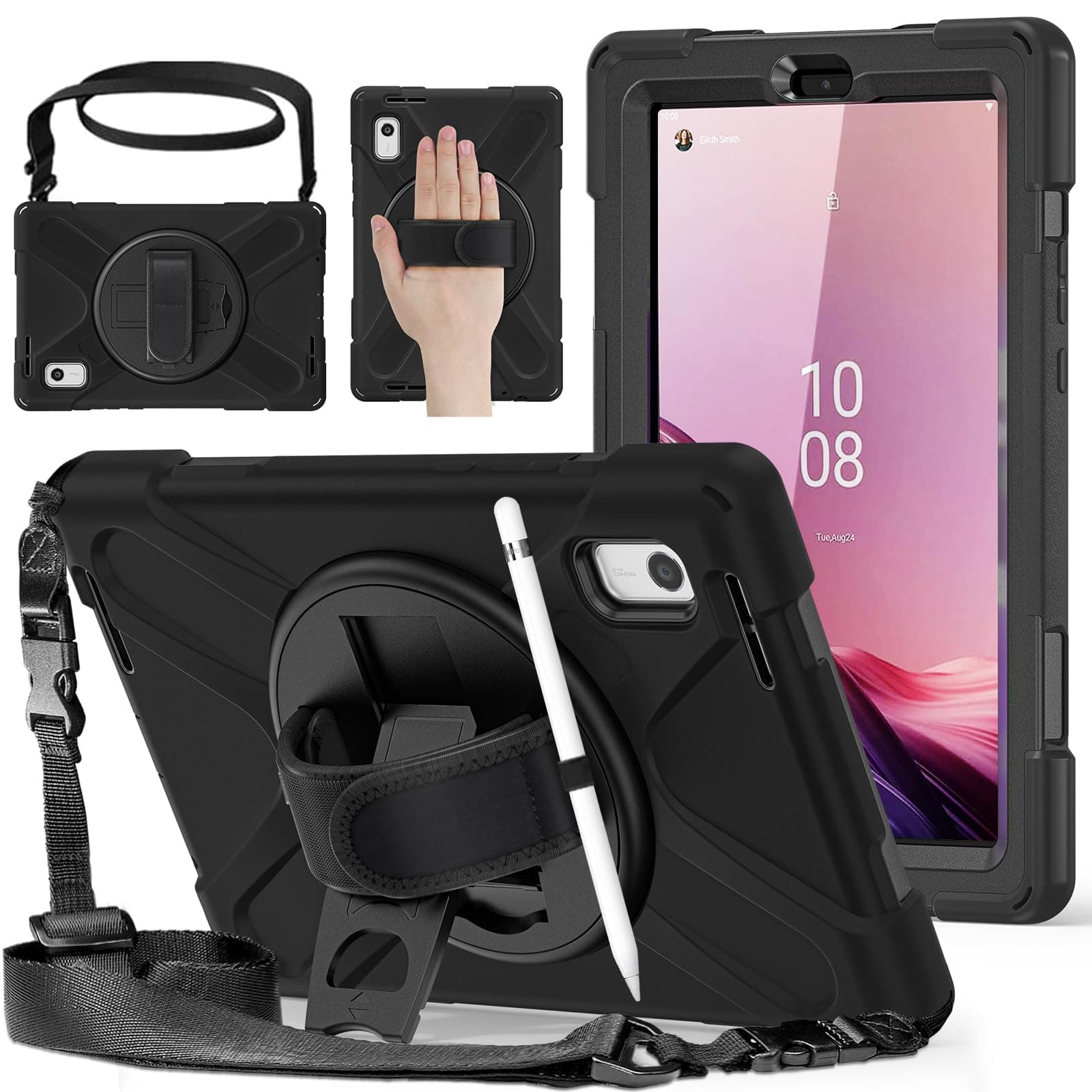 AOOCSHEY Case for Lenovo Tab M9 2024/2023 (TB-310FU/TB-310FX), with Rotating Hand Strap Stand Shoulder Strap, Shockproof Drop-Proof Silicone Protective Cover for Lenovo M9 Tablet Case 9 inch, Black