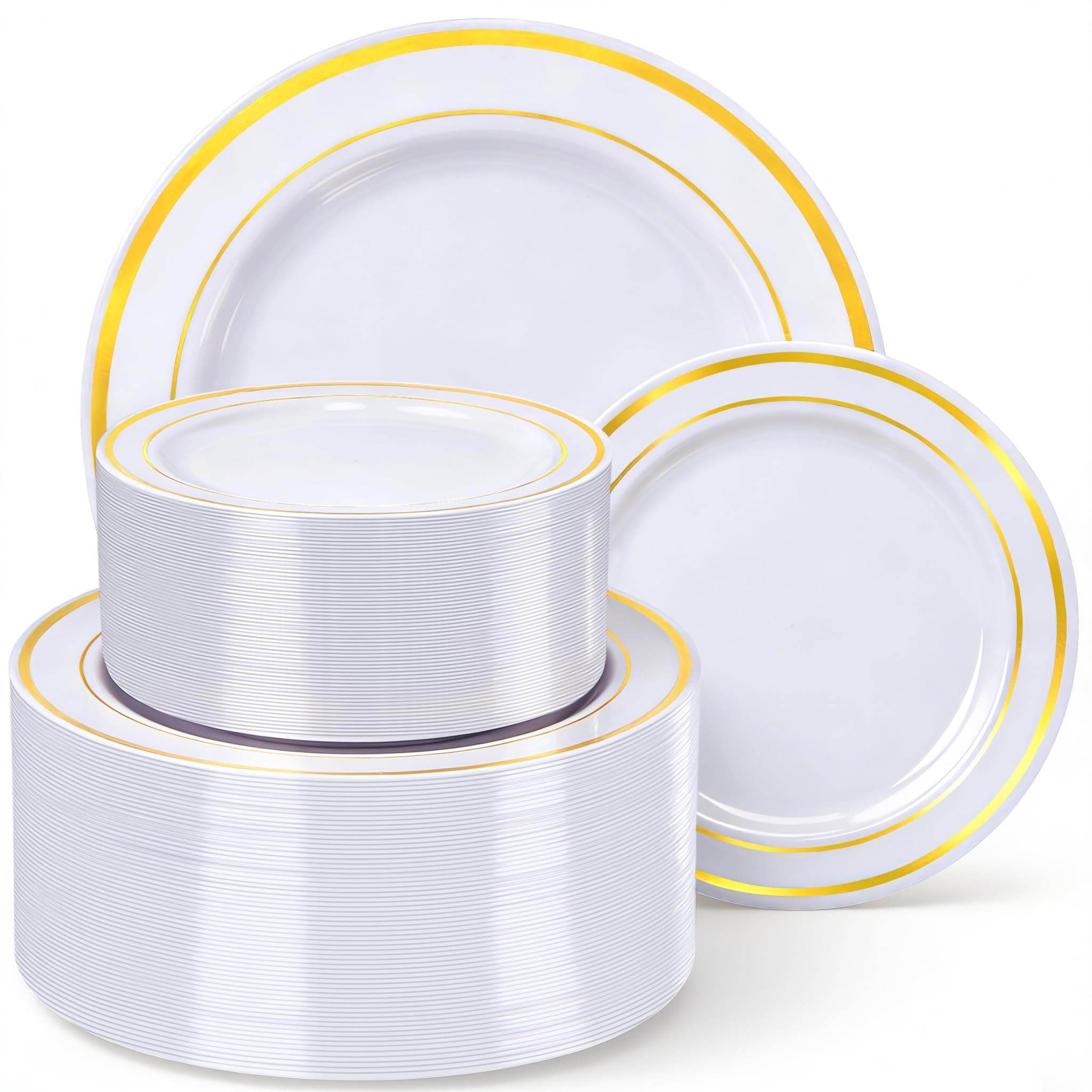 HOME BREEZE Gold Rim Plastic Plates Set, 120 Count Disposable Plates, 60 Dinner Plates 10 Inch and 60 Salad/Dessert Plates 7 Inch, Elegant Heavy Duty Wedding Party for 60 guests (Gold)