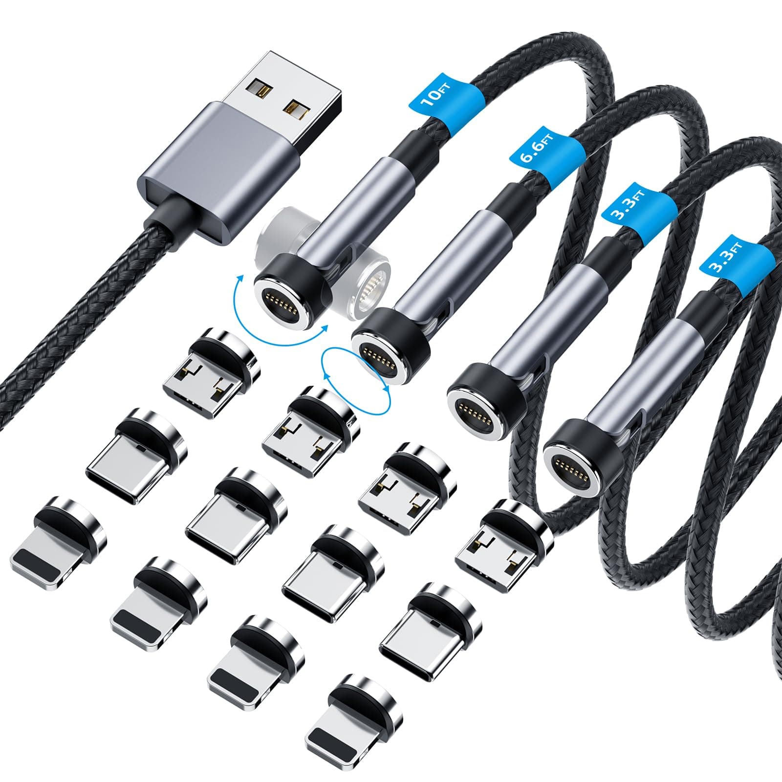 Magnetic Charging Cable with 540° Rotation, 3 in 1 Magnetic Phone Charger [4Pack,3ft/6ft/1.8m/10ft),Support Data Transfer,USB Magnetic Charging Cable for iPhone/Micro USB/Type-C Device