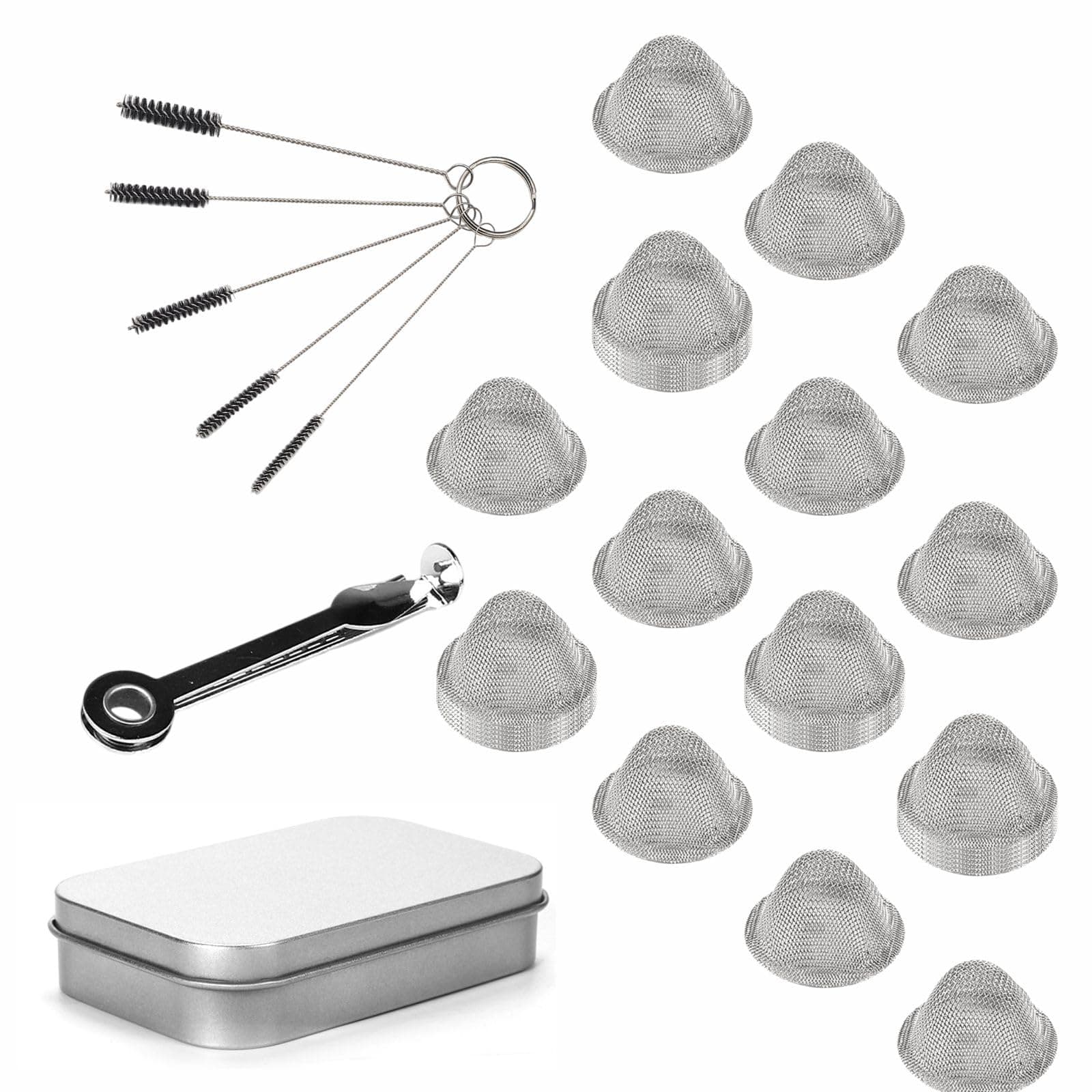 40 Pieces 5/8 Inch Stainless Steel Mesh Clean Screens with Tapered Design, 0.63 Inch Size, Along with A 3-in-1 Cleaning Tool, Brush, and Stainless Steel Storage Box Adjustable Size
