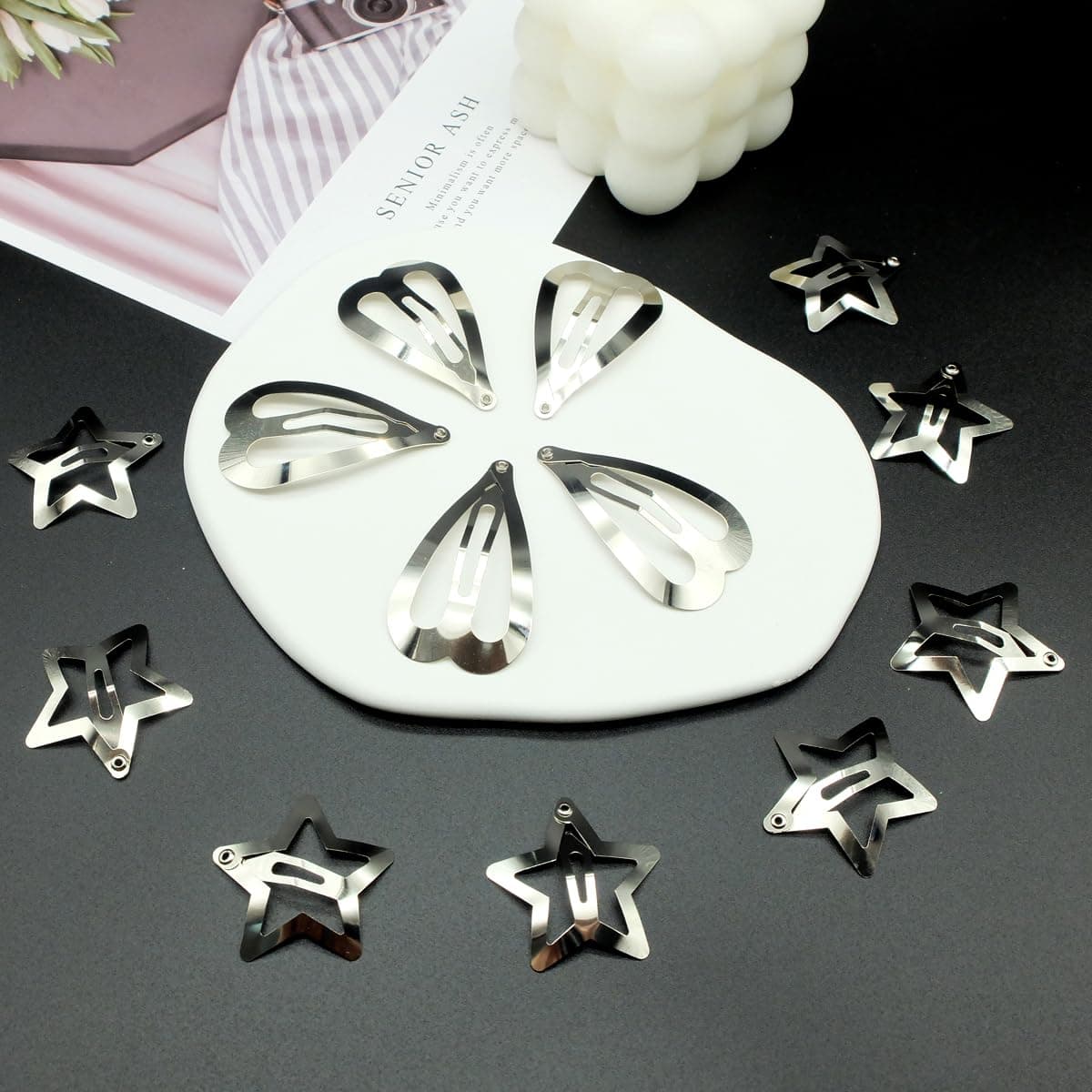20 PCS Star and Loving Hair Clips Snap Hair Barrettes Cute Lovely Accessories, Non Slip Star and Loving Clips for Girls Women 2000s Y2K Silver Metal Hair Clips