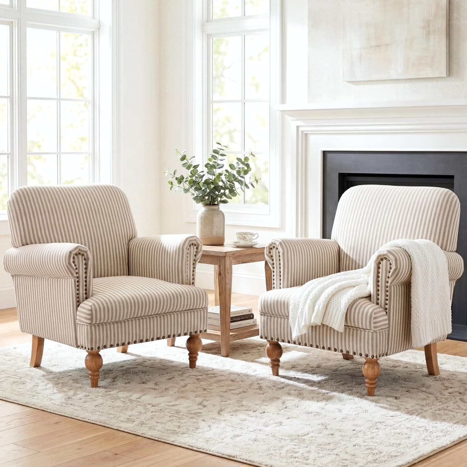 DM Furniture Khaki Striped Linen Fabric Accent Chairs Set of 2, Modern Farmhouse Upholstered Armchairs with Nailhead Trim & Ball Turned Legs, Cottage Club Chairs for Living Room Bedroom Guest Room