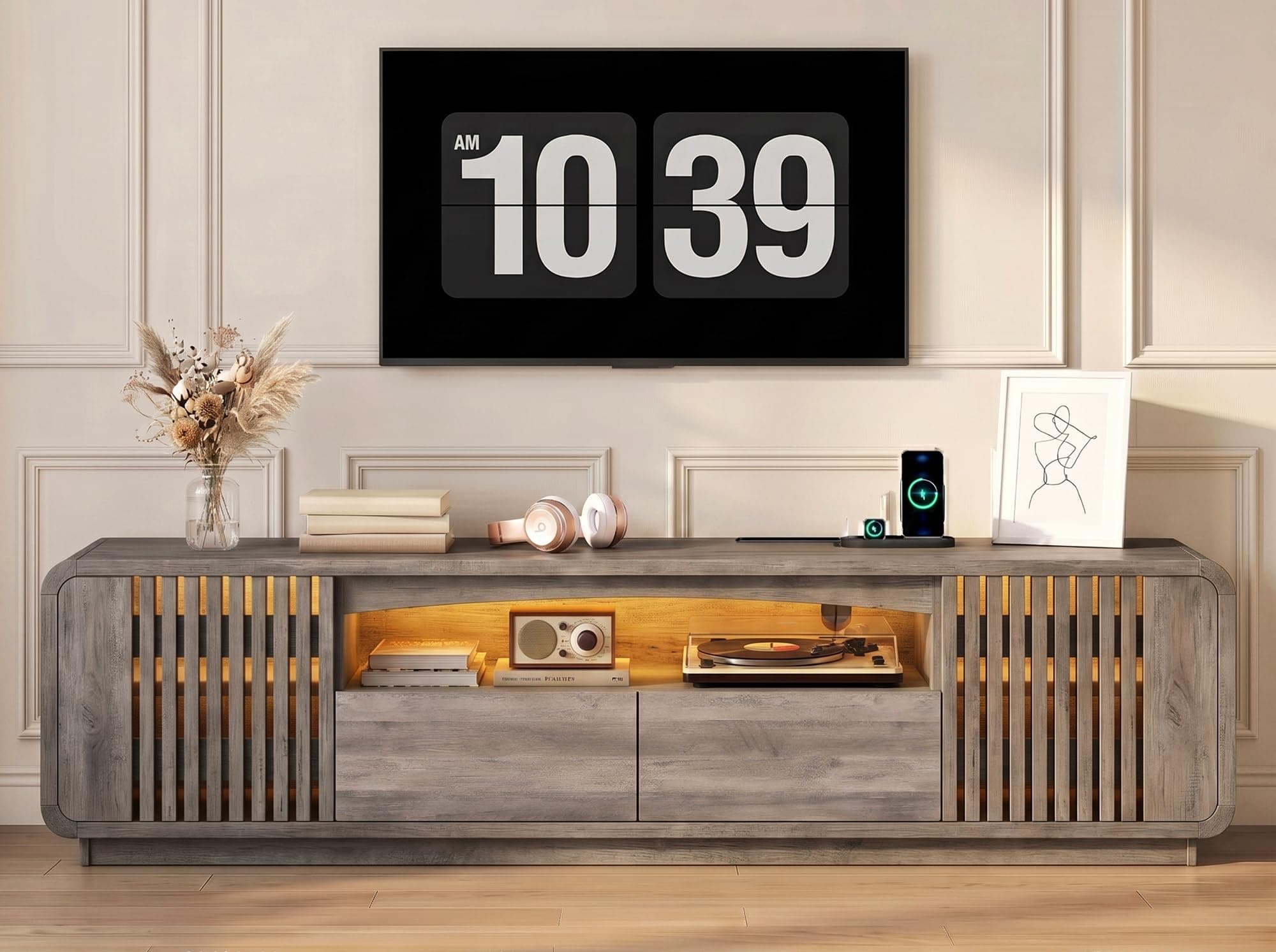 Homiflex 63" TV Stand with Storage, Mid Century Entertainment Center Grey