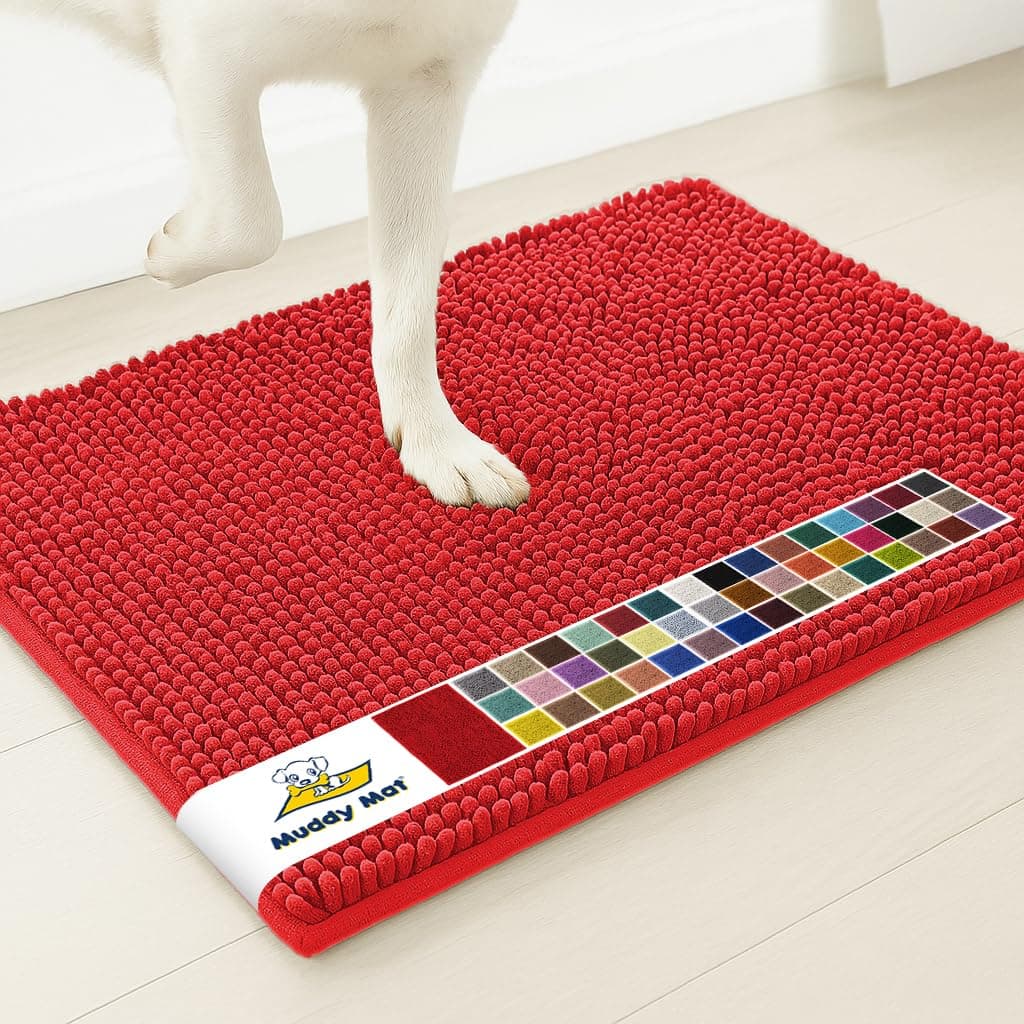 Muddy Mat® AS-SEEN-ON-TV Highly Absorbent Microfiber Door Mat and Pet Rug, Non Slip Thick Washable Area and Bath Mat Soft Chenille for Kitchen Bathroom Bedroom Indoor and Outdoor - Red Medium 30"X19"