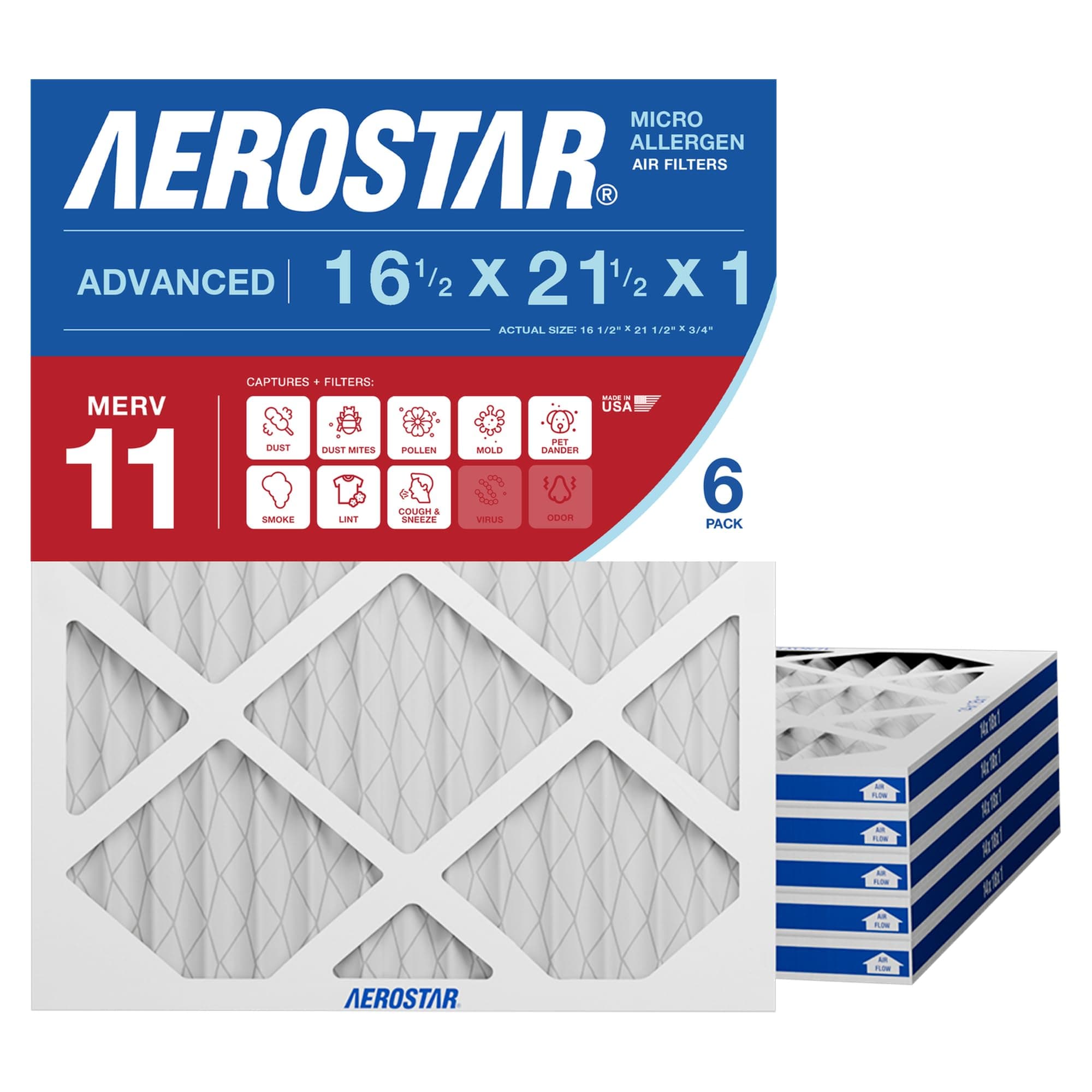 Aerostar 16 1/2x21 1/2x1 MERV 11 Pleated Air Filter, Pleated (Pack of 6)