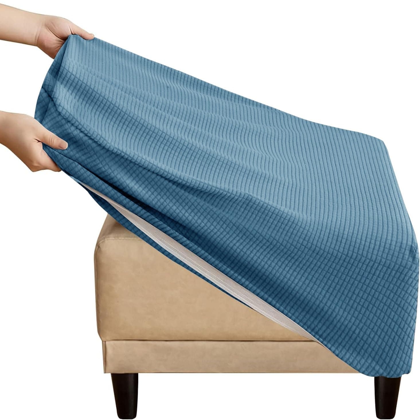 IQNJERYV Ottoman Cover Square 36x36 30x30 24x24 26x26 20x20 Jacquard Fabric Footstool Slipcovers Stretch Thick Checked with Elastic Bottom Removable Washable Footrest Protector(Dust Blue,28"/70cm)