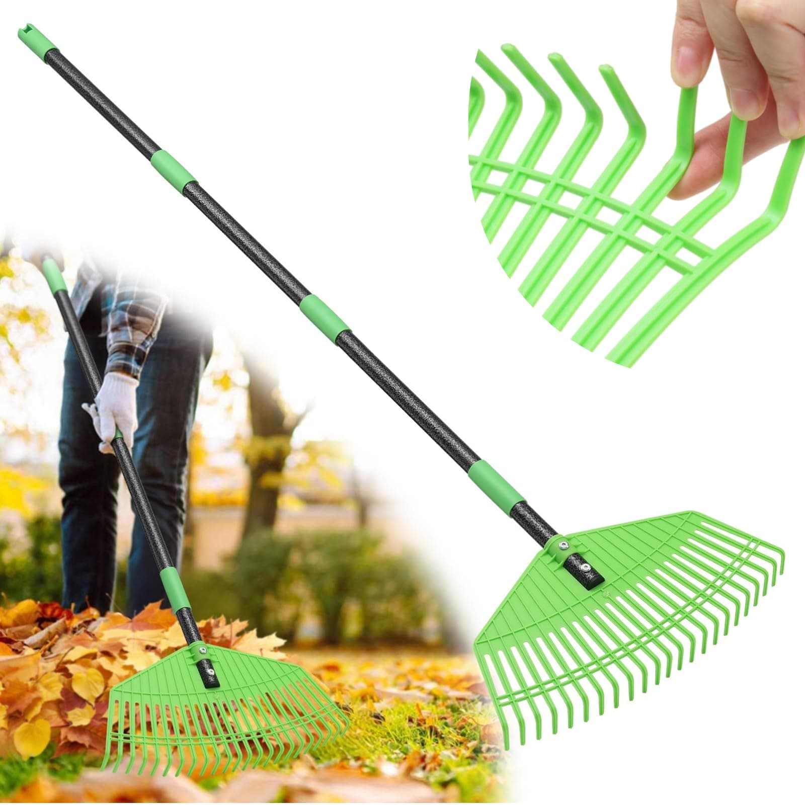 Adjustable 65'' Garden Rake with Metal Handle – Plastic Head Gentle on Grass for Cleaning Leaves, Pine Needles & Lawn Debris, Lightweight Yard Rake for Women, Seniors & Kids