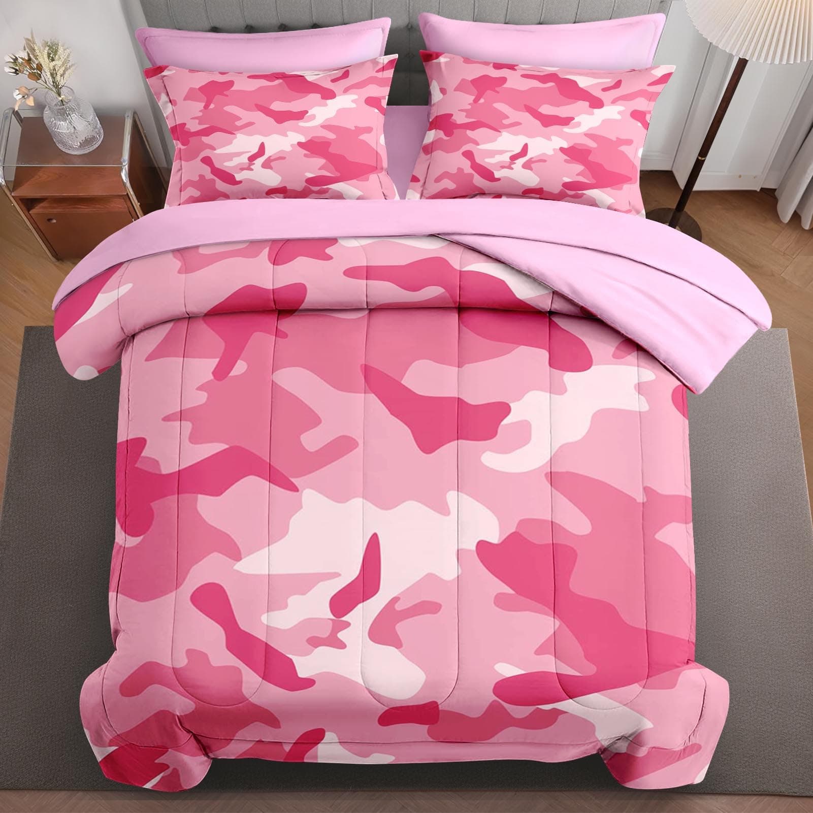 Zzzboro 7Pcs Comforter Set King Size, Pink Camo Camouflage Abstract, Bedding Decor Army Military Jungle Hidden Bedroom Bed Set Flat Sheet Fitted Sheet Pillowcases Shams for Kids Adults