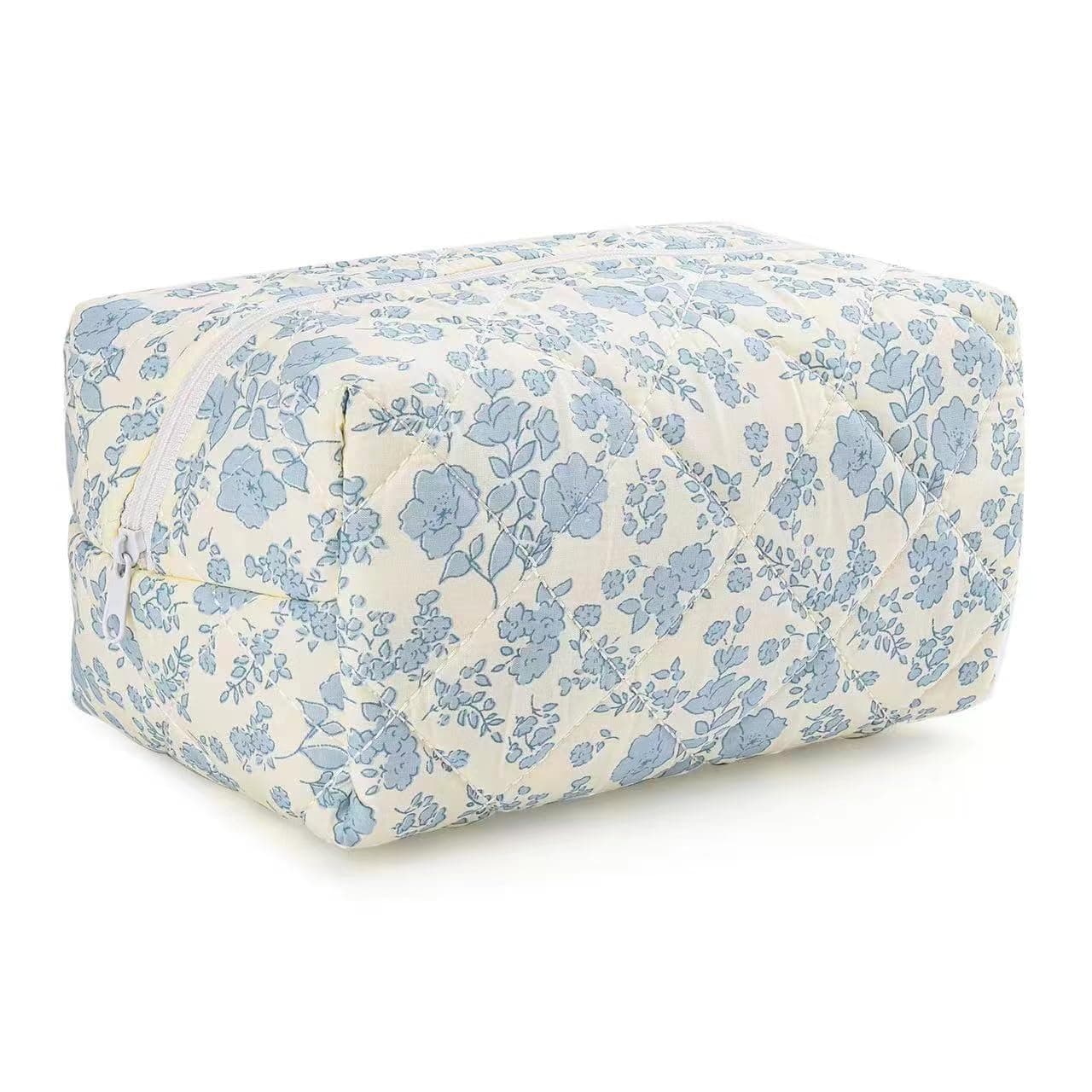 Floral Quilted Makeup Bag - Cosmetic and Skincare Product Pouch, Fashionable Travel Makeup Bag, Small Cute Puffy Coquette Design, Attractive Blue