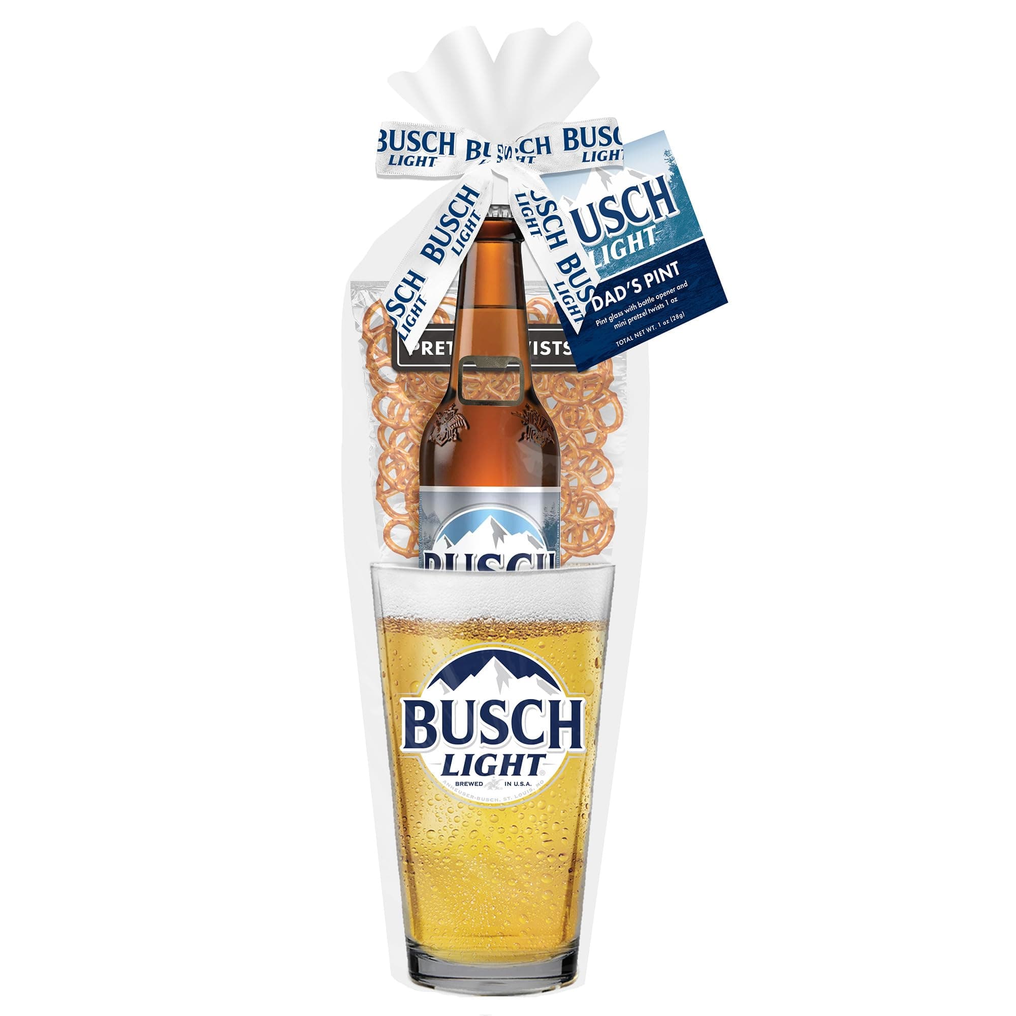 Marketplace Brands Busch Light Beer Pint Glass 3 pc Gift set with Bottle Opener and Pretzels