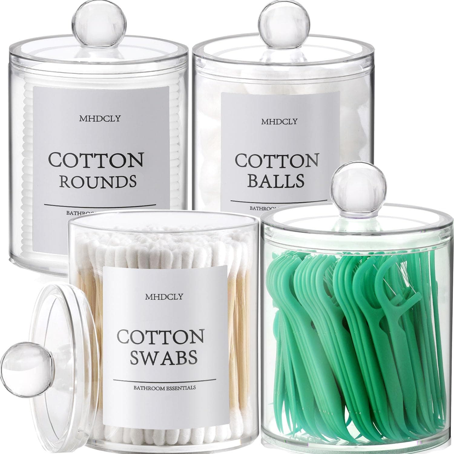MHDCLY Bathroom Organizers and Storage, 4 PACK Plastic Canisters for Cotton Balls, Cotton Swabs, Cotton Rounds