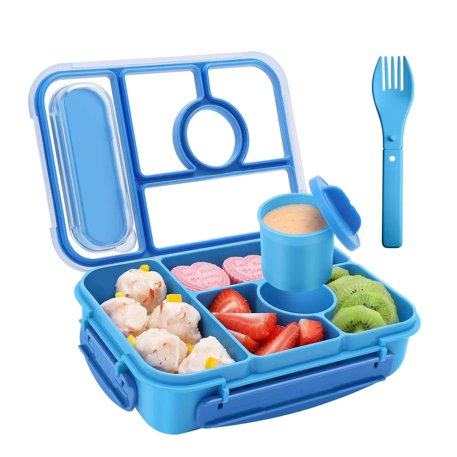 Amathley Bento Box Adult Lunch Box Kids,Lunch containers for Adults/Kids/Toddler,5 Compartments bento Lunch Box for Kids with Sauce Vontainers,Microwave & Dishwasher & Freezer Safe (Blue)