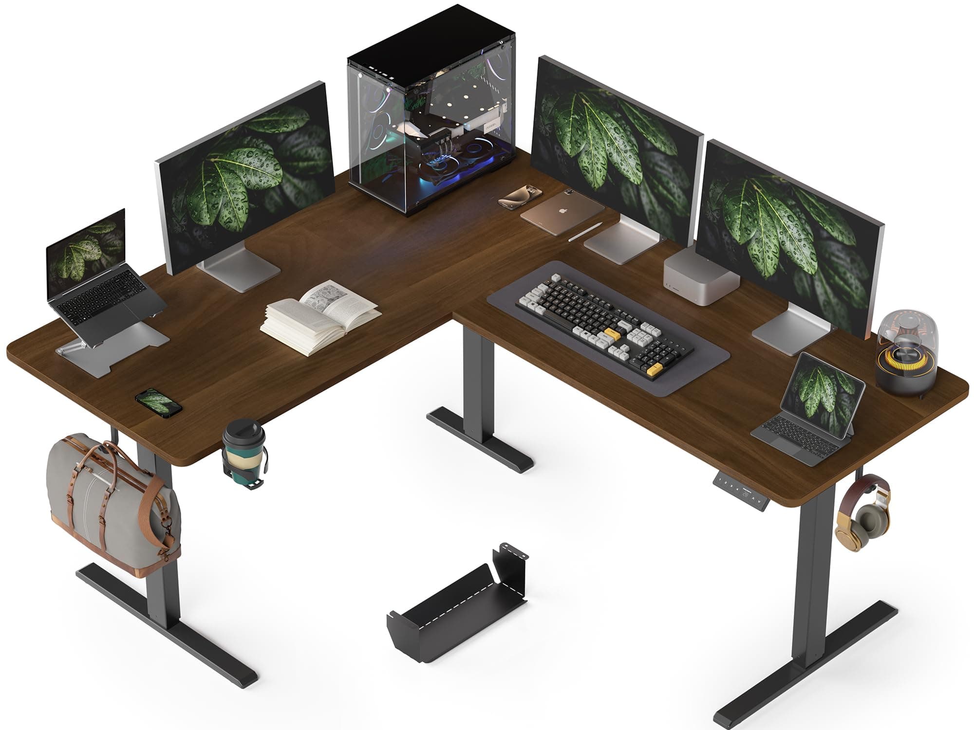WALKINGDESK 63X55 Inches Reversible L Shaped Standing Desk Height Adjustable with Cup Holder, Electric Corner Computer Desk, Sit Stand up Home Office Desk, Ergonomic Gaming Desk, Black Walnut